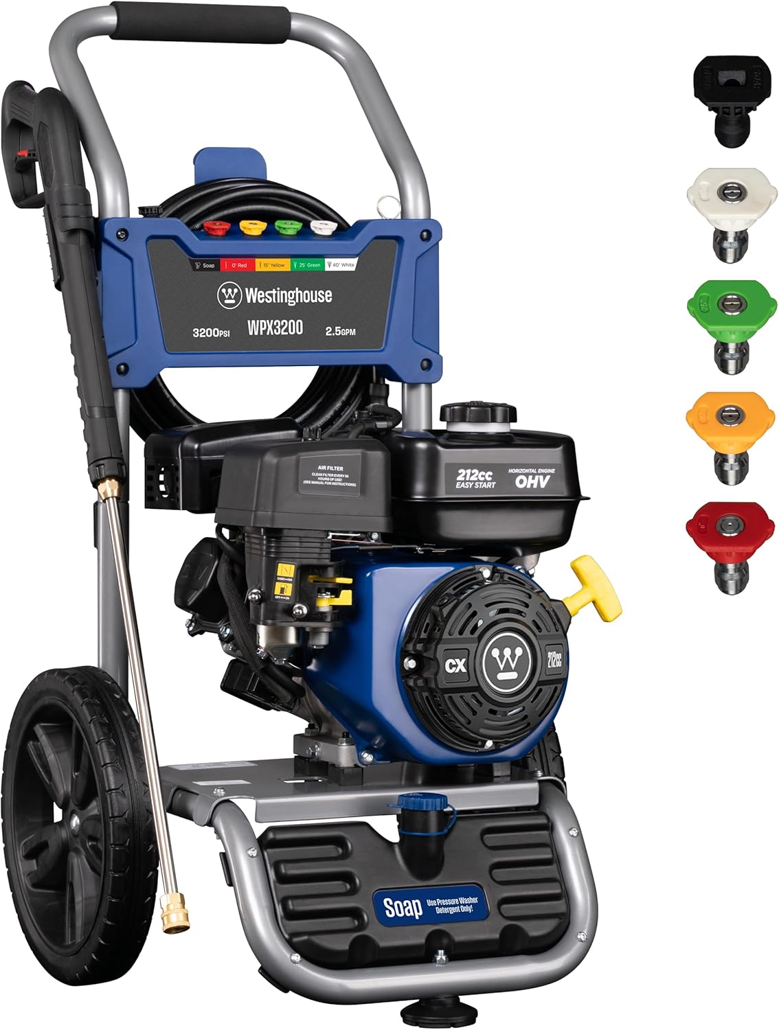 Westinghouse WPX3200 Gas Pressure Washer, 3200 PSI and 2.5 GPM, Onboard Soap Tank, Spray Gun and Wand, 5 Nozzle Set, for Cars/Fences/Driveways/Homes/Patios/Furniture