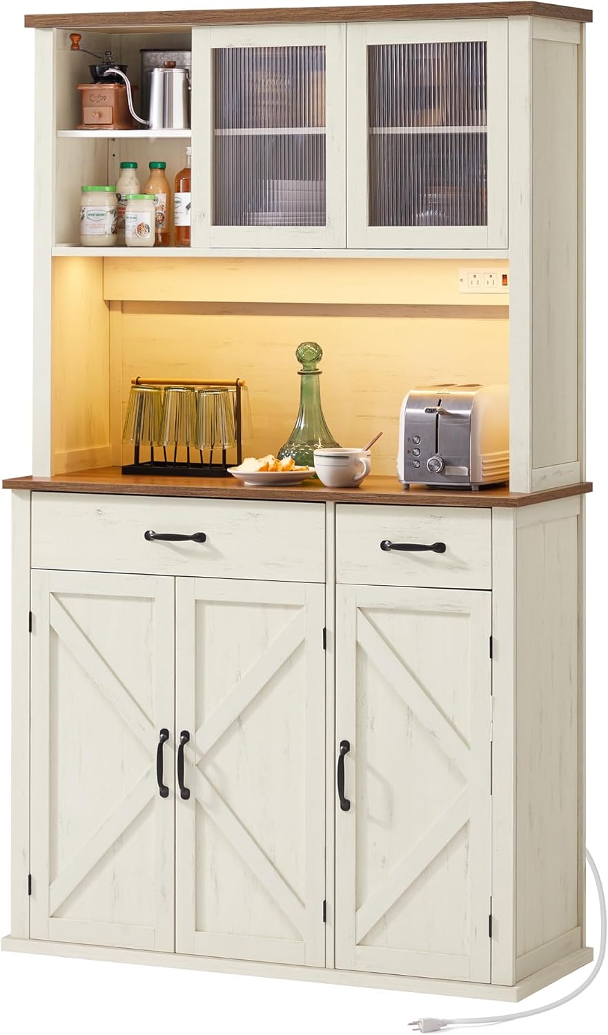 VASAGLE Pantry Cabinet with Lights and Charging Station, Kitchen Storage Cabinet with Doors and Drawers, 15.6 x 41.9 x 71.1 Inches, Adjustable Shelves, Farmhouse Style, Rustic White UBBK391W01