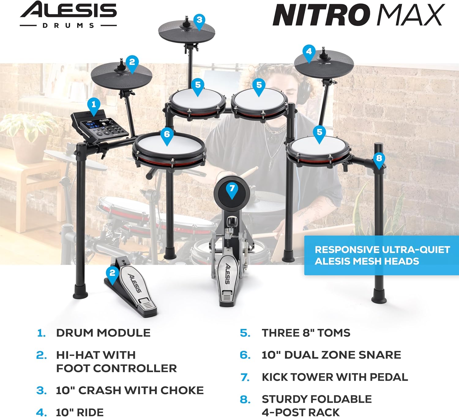 Alesis Nitro Max Kit Compact Electric Drum Kit with Quiet Mesh Pads, 10