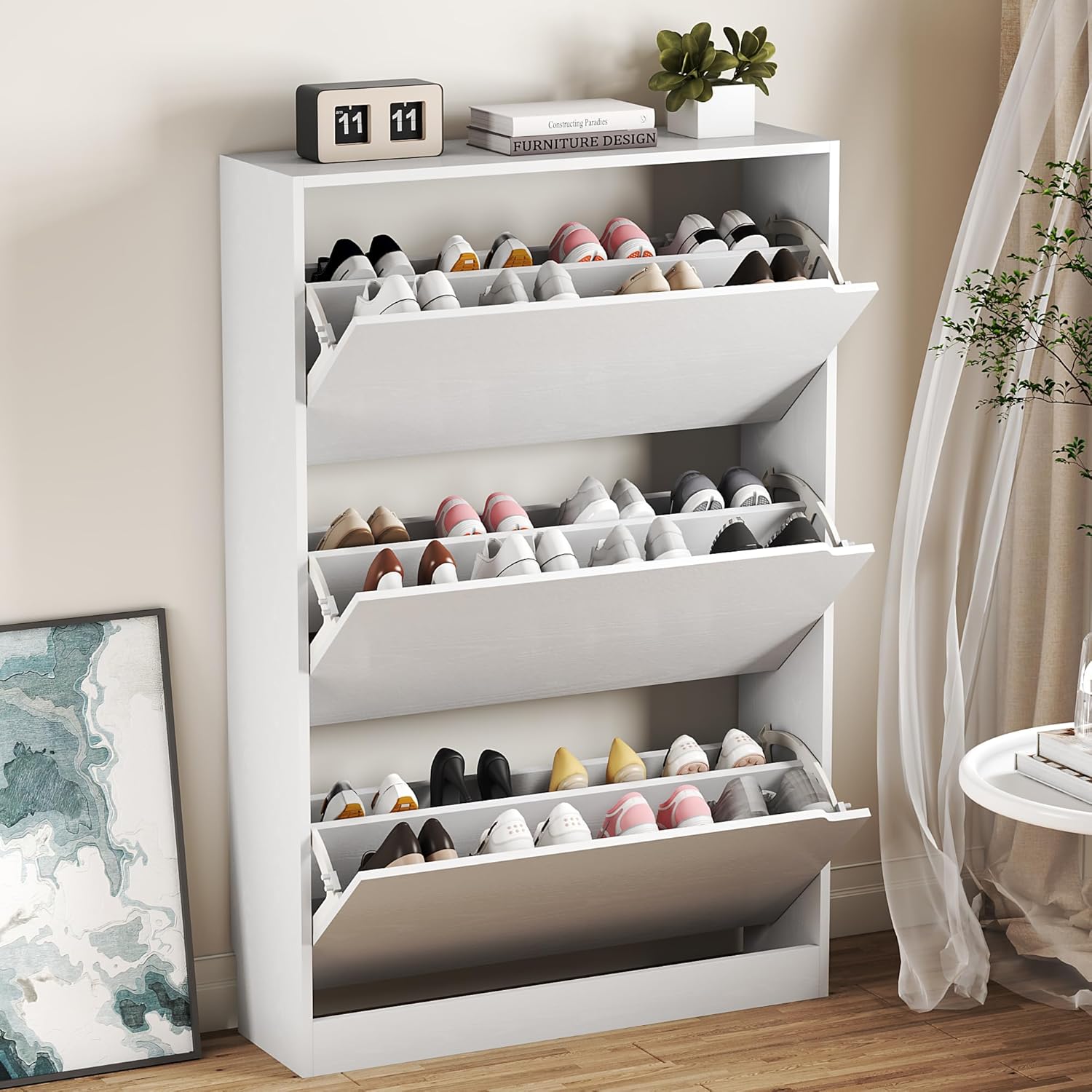 BORNOON Shoe Cabinet with 3 Flip Drawers, Hidden Wood Shoe Cabinet,Freestanding Shoe Storage Cabinet for Entryway Hallway.White. 47.2