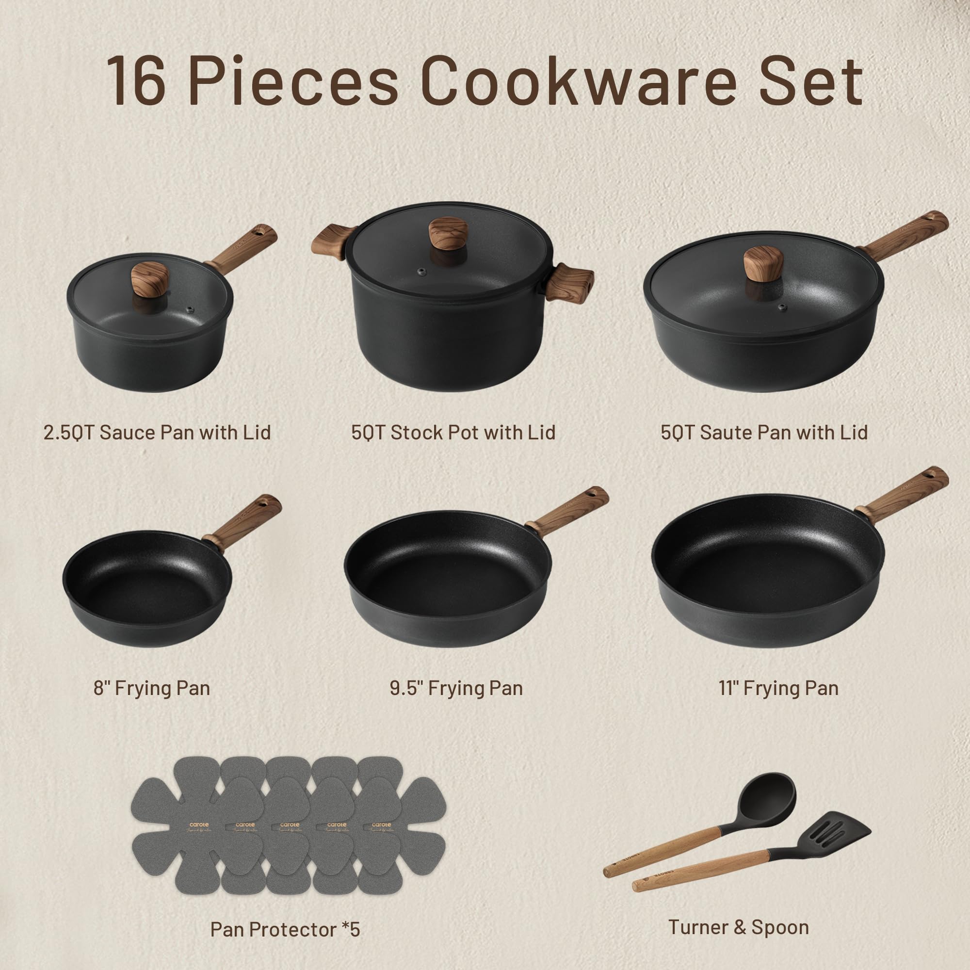 CAROTE Induction Nonstick Titanium Cookware Set 16pcs