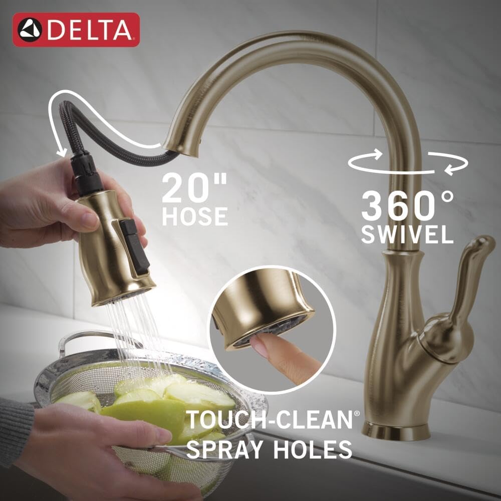 Delta Leland Brushed Gold Kitchen Faucet with Pull Down Sprayer, Traditional Single Hole Kitchen Sink Faucet, Single Handle, Champagne Bronze 9178-CZ-DST