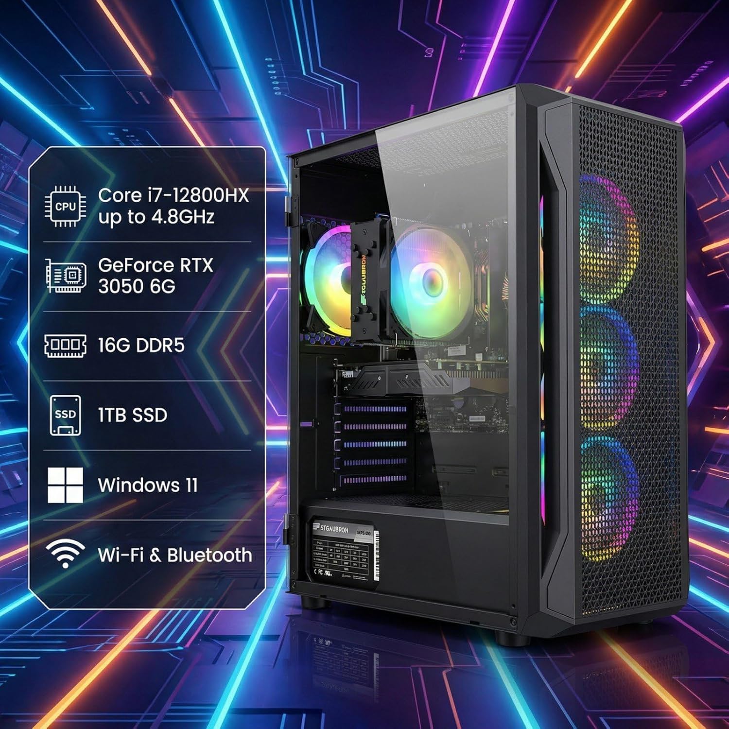 STGAubron Gaming PC Computer Desktop, Intel Core i7-12800HX up to 4.8GHz, GeForce RTX 3050 6G, 16G DDR5, 1TB SSD, WiFi 6, BT 5.2, RGB Fan x4, Windows 11 Home