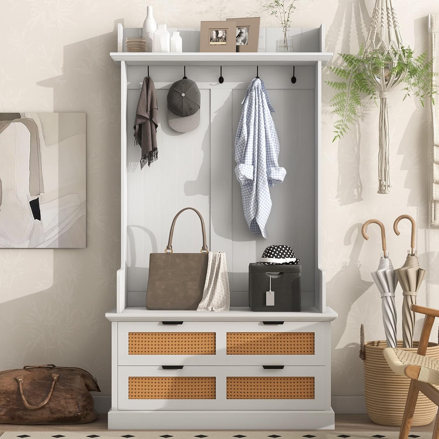 RUNNA Wooden Hall Tree with 5 Metal Hooks and 2 Large Drawers,Organizer with Bench,Top Shelves and Metal Handles,For Hallway Entryway Mudroom Use (White@Hooks)