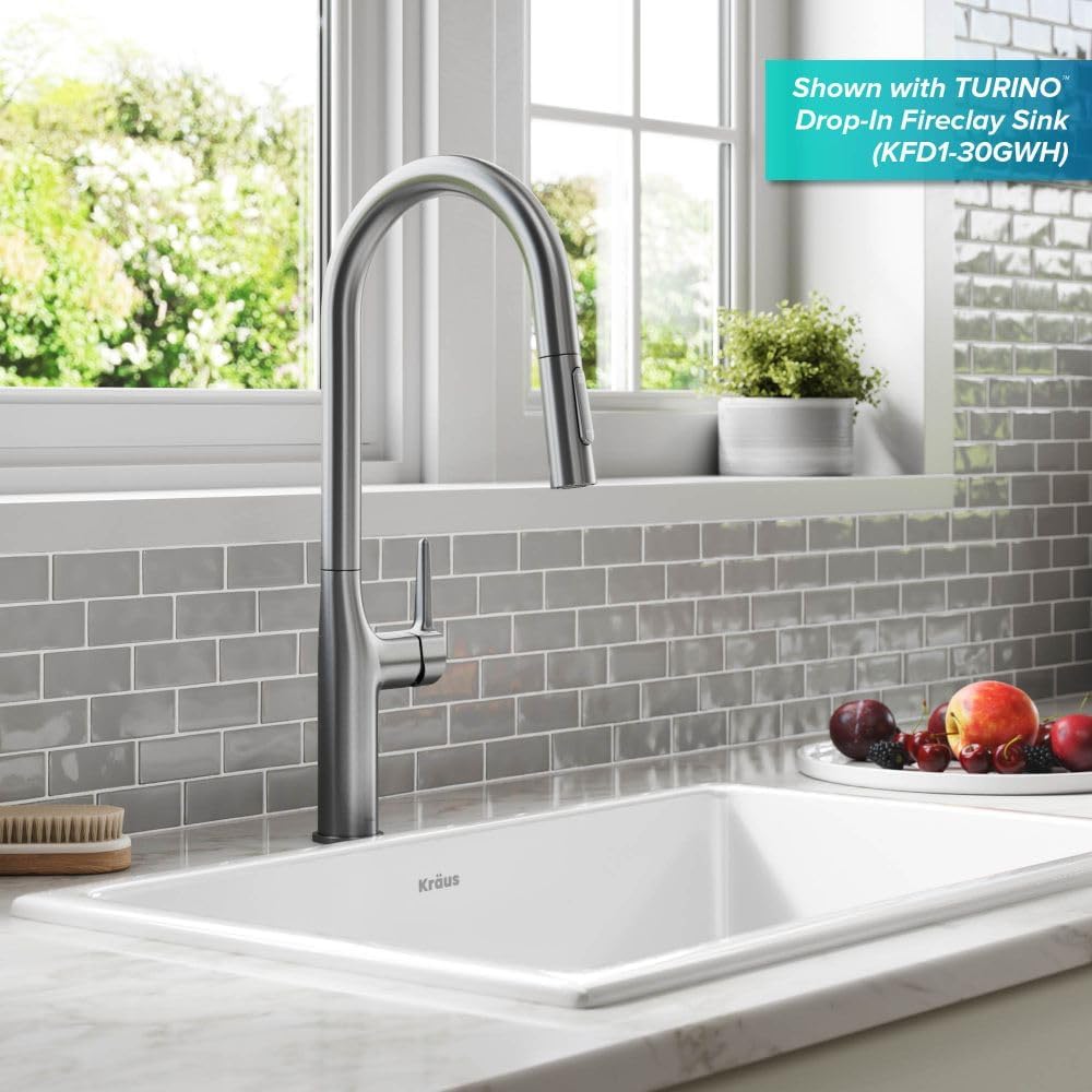 KRAUS Oletto Tall Modern Pull-Down Single Handle Kitchen Faucet in Spot Free Stainless Steel, KPF-3101SFS