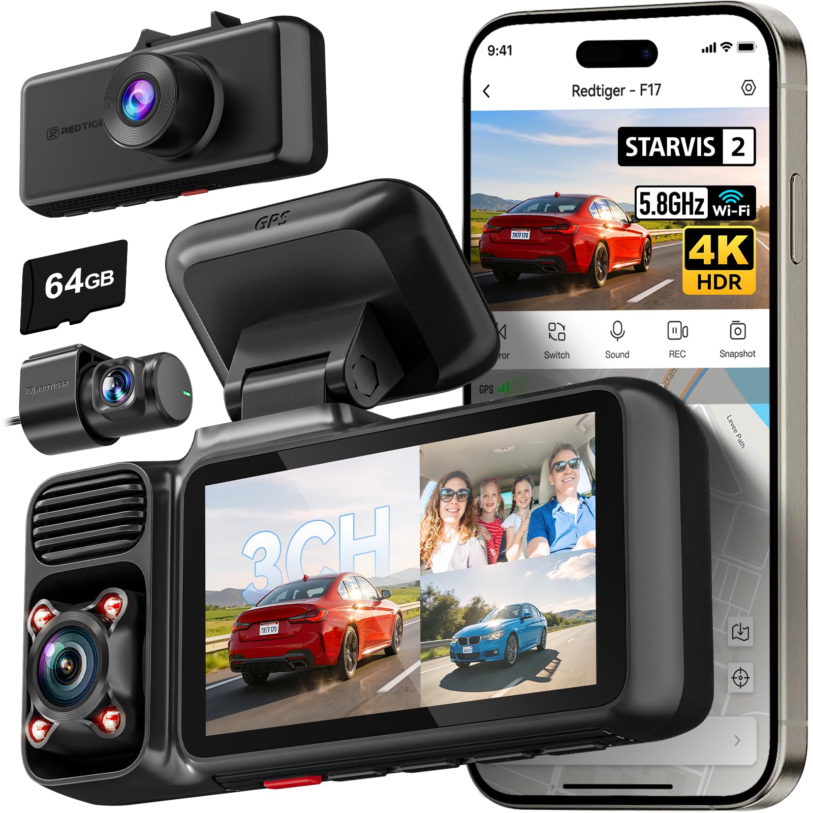 REDTIGER F17 4K Triple Channel Dash Cam with WiFi & GPS