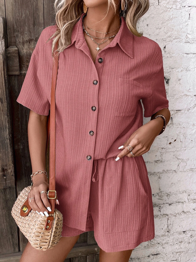 Plain Buckle Shirt Collar Casual Two-Piece Set