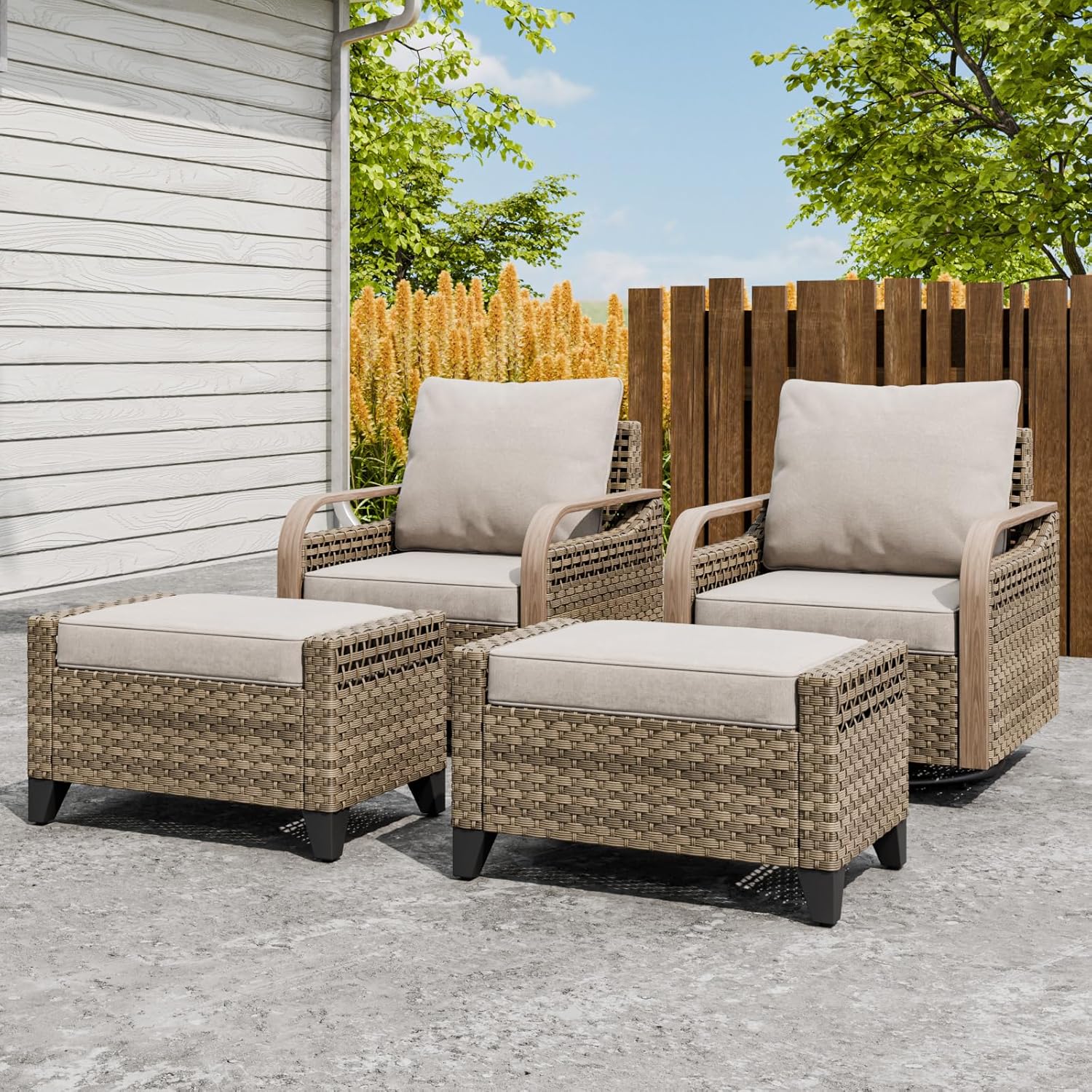 4 Piece Modern Wicker Patio Furniture Set, Rattan Outdoor Conversation Set with Cushions, 2 Swivel Rocking Chairs and 2 Ottomans, Brown/Gray