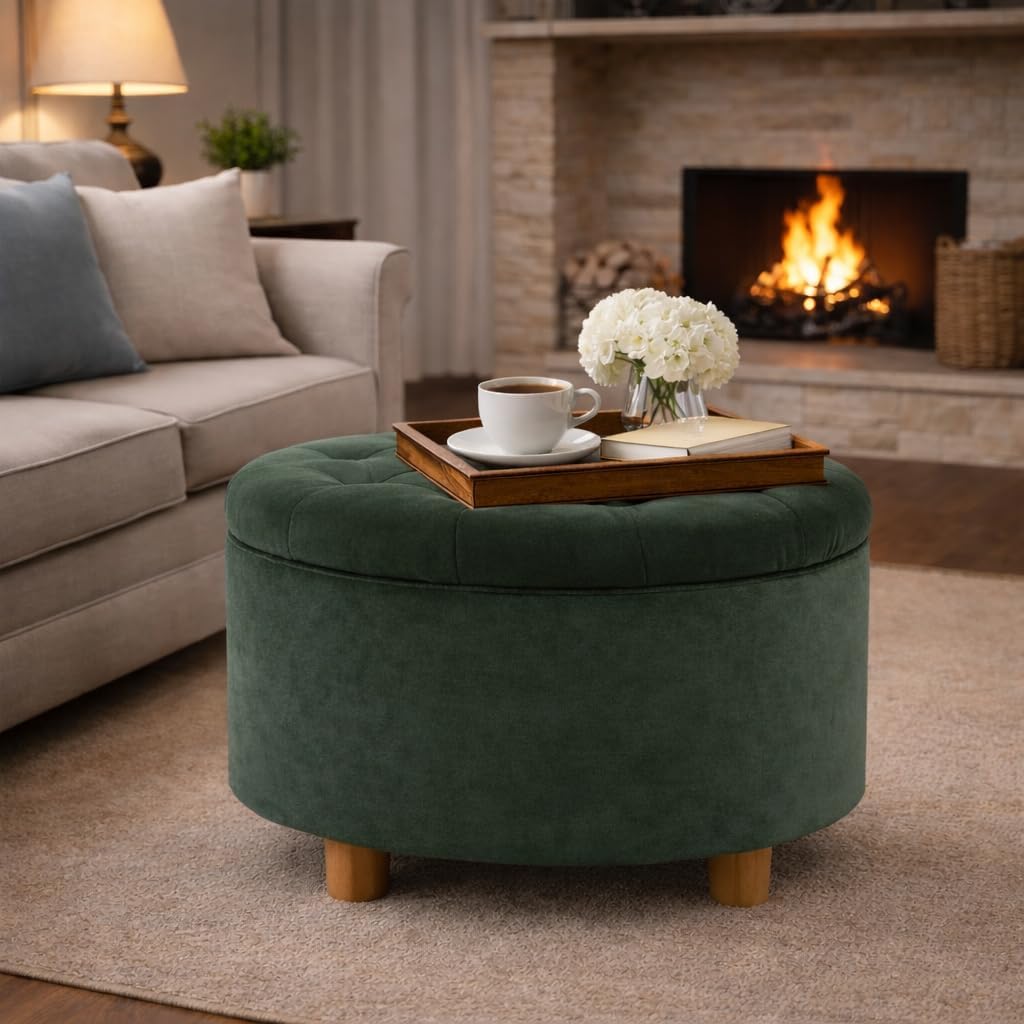 HomePop Home Decor | Large Button Tufted Velvet Round Storage Ottoman | Ottoman with Storage for Living Room & Bedroom, Loden Green Velvet, 28