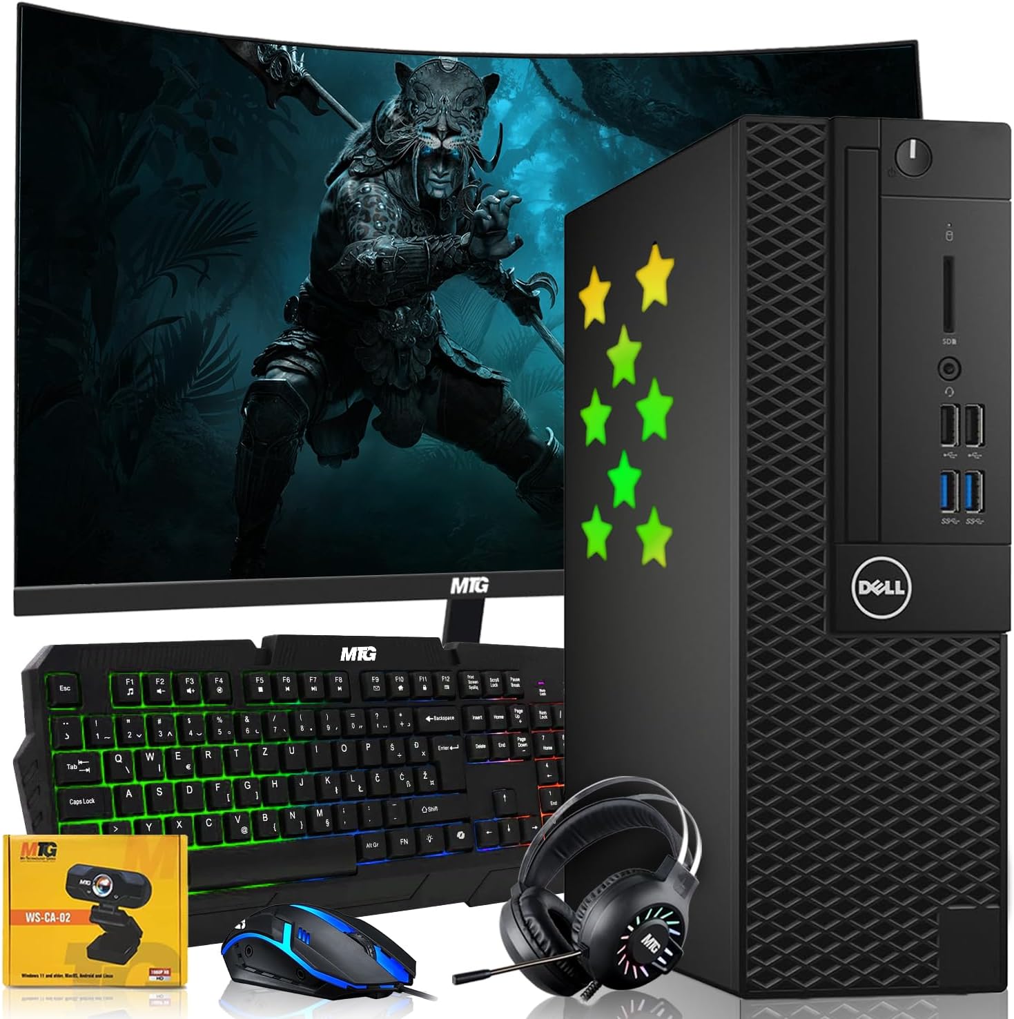 Dell Desktop PC Gaming Bundle - Core i7, 16GB RAM, 1TB SSD, 27-inch Curved Monitor, GT 1030, RGB Keyboard with AI-Enhanced Copilot Key and Mouse, RGB Headphone, Webcam, Wi-Fi, Windows 11 Pro(Renewed)