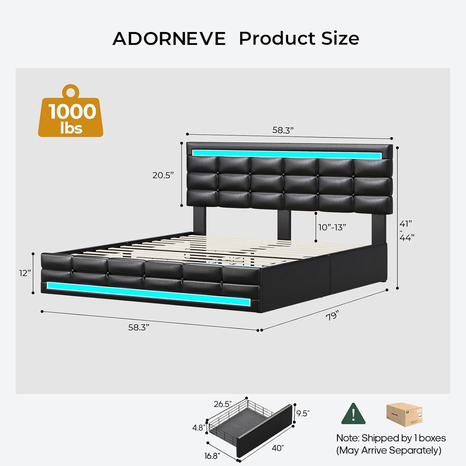 ADORNEVE Full Size Bed Frame with Storage Drawers, LED Lights Headboard Footboard, Upholstered Leather Platform LED Bed Frame with 2 USB Potrs, No Box Spring Needed, Black