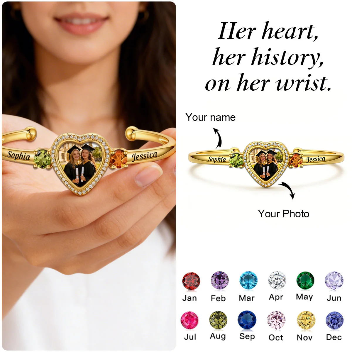 Customized Birthstone & Graduation Photo Heart Bracelet - Personalized Birthstones, Photo and Names