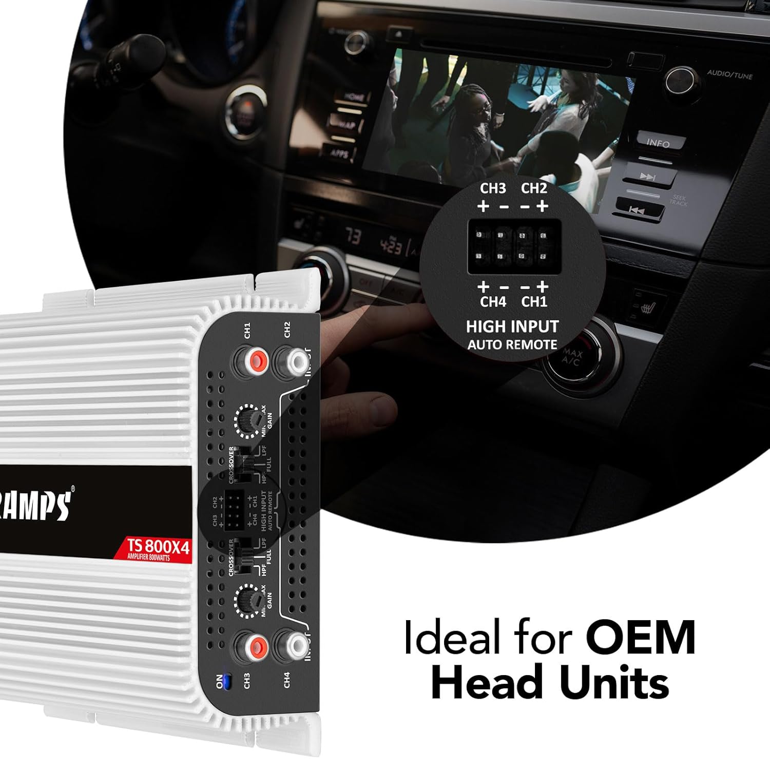 Taramps TS 800x4 1 Ohm Multichannel Stereo Amplifier 800 Watts Rms, 4 Channels, Full Range, Car Audio Amp Digital 2 Bridged Channel, Crossover High/Low Pass, with RCA and Automatic High Level Input