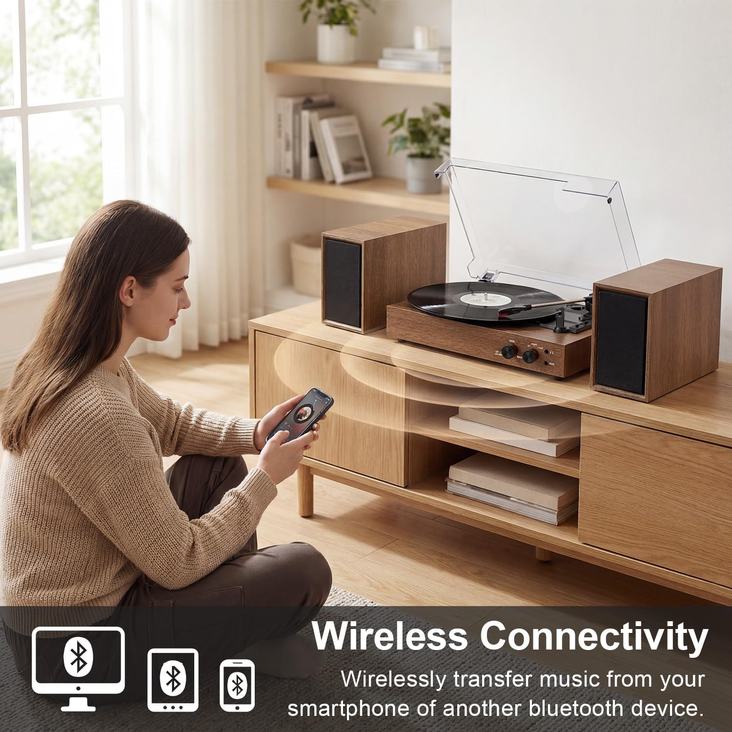 Vintage Vinyl Record Player with External Speakers, Vintage 3-Speed Turntable with Dual Speakers, Bluetooth Music Playback, MP3 PC Encoding, AUX Input Headphone Jack and RCA Out, Brown Walnut