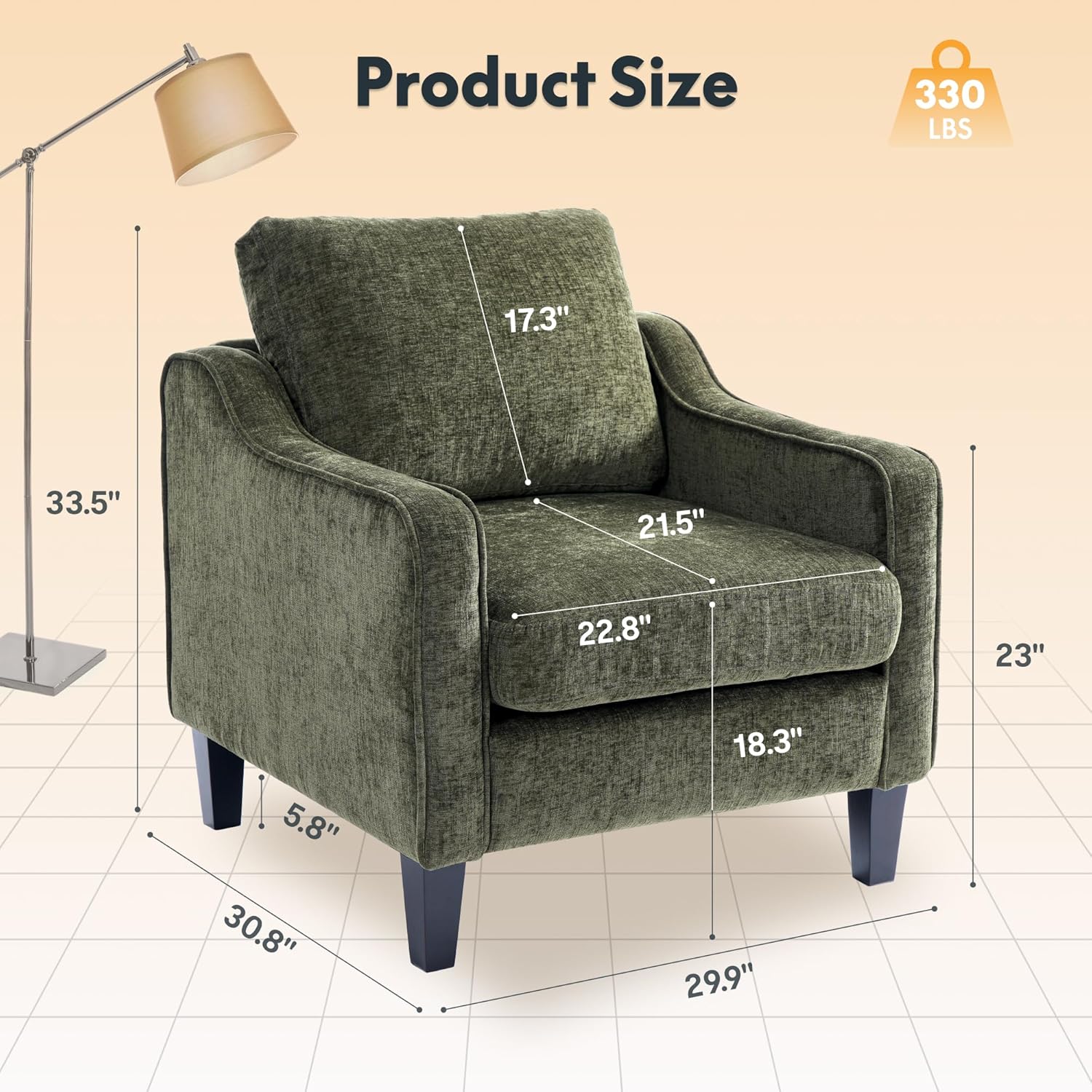 FLEXISPOT AC2 Accent Chairs Set of 2, Mid Century Modern Chenille Upholstered Armchairs with Padded Back, Comfy Reading Chairs for Living Room, Bedroom, Office & Small Spaces, Green