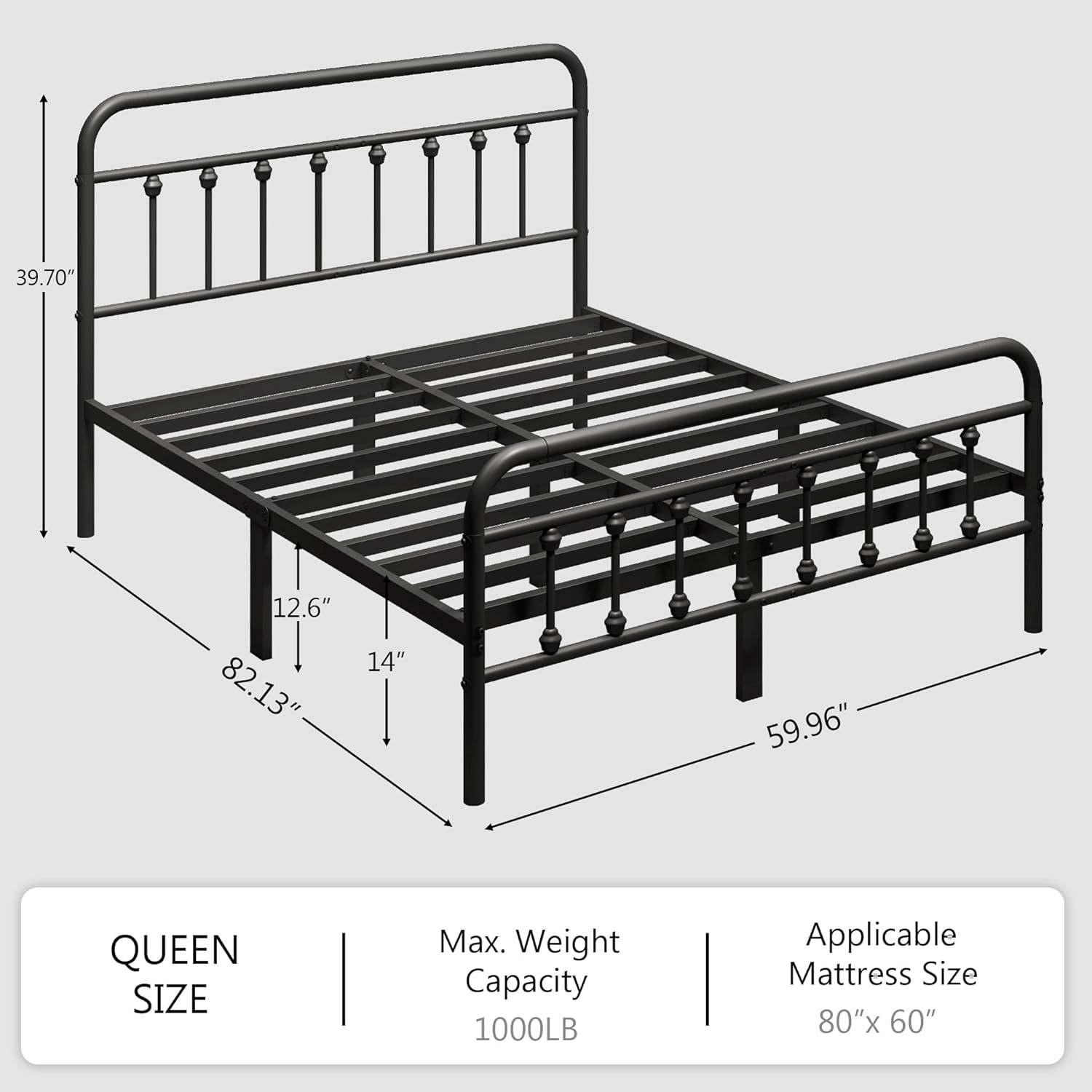 zunatu Queen Size Metal Platform Bed Frame/Victorian Style Headboard and Footboard/Steel Slat Support/Easy Assembly/No Box Spring Needed/Underbed Storage/Noise Free/Black