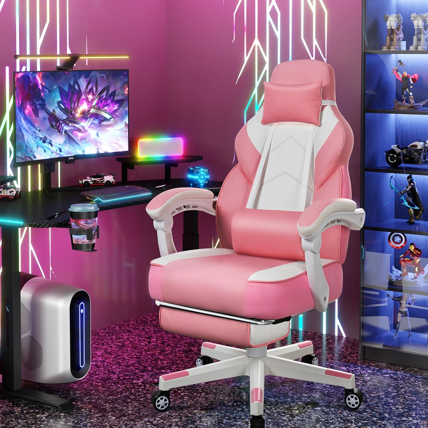 Meilocar Big and Tall Gaming Chair for Adults, 330lbs Heavy Duty Computer Chair with Footrest & Massage Lumbar Support, Wide Seat High Back Reclining Desk Chair, Pink