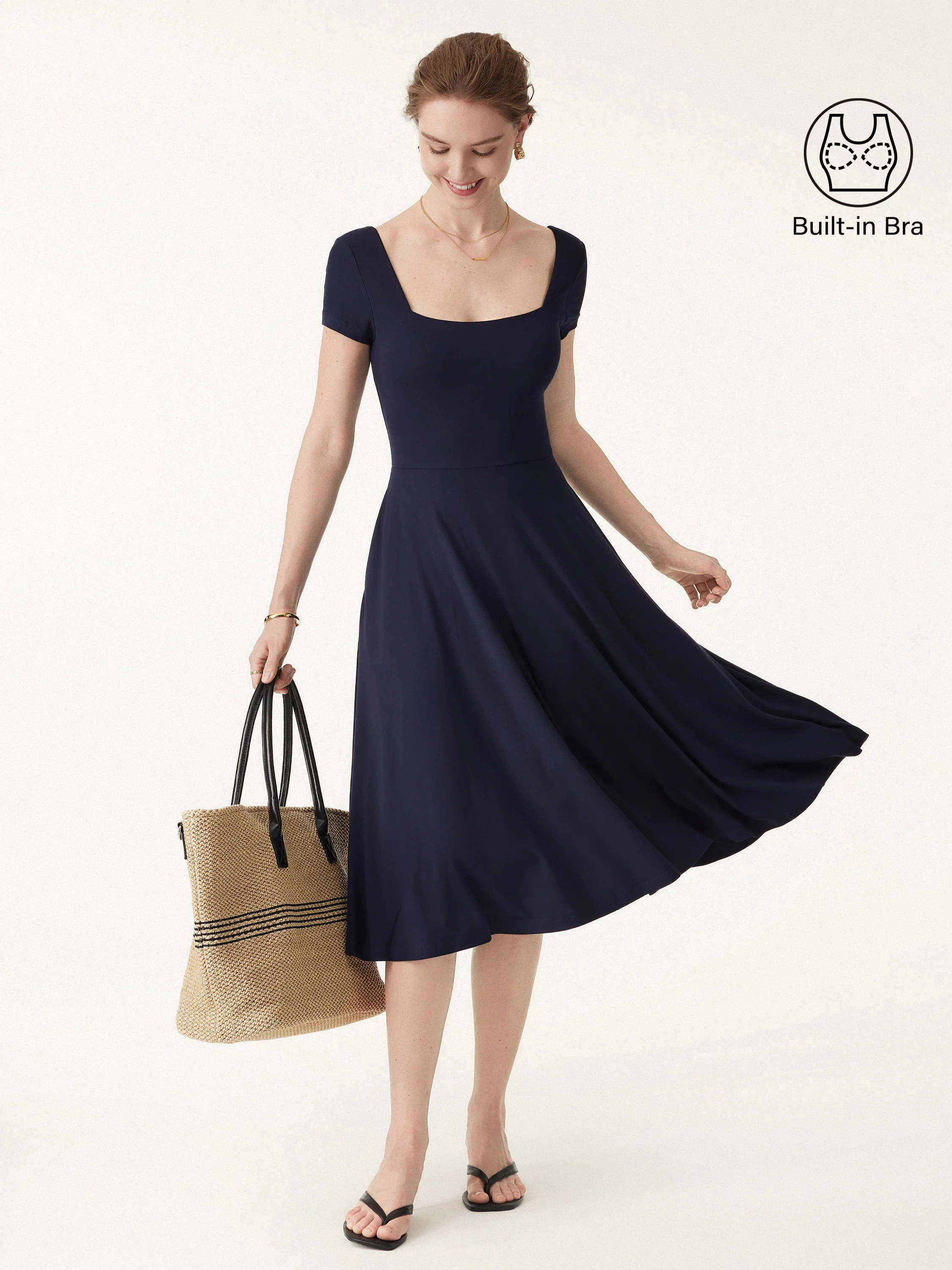 Flowy Square Neck Short Sleeve Midi Bra Dress