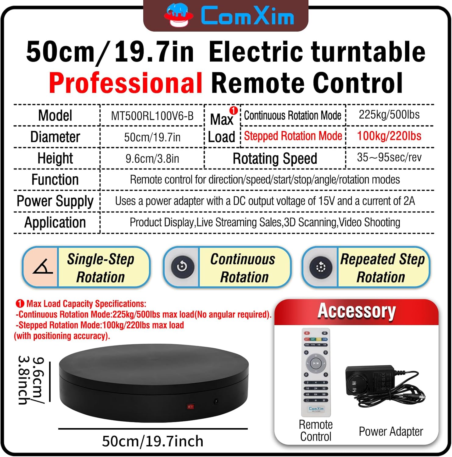 19.7In Remote Large Motorized electric turntable Rotating platform Photography Turntable Motorized lazy susan Base giratoria para for Photography,3D Scanner,Heavy duty display(Load Range:220~500lbs)