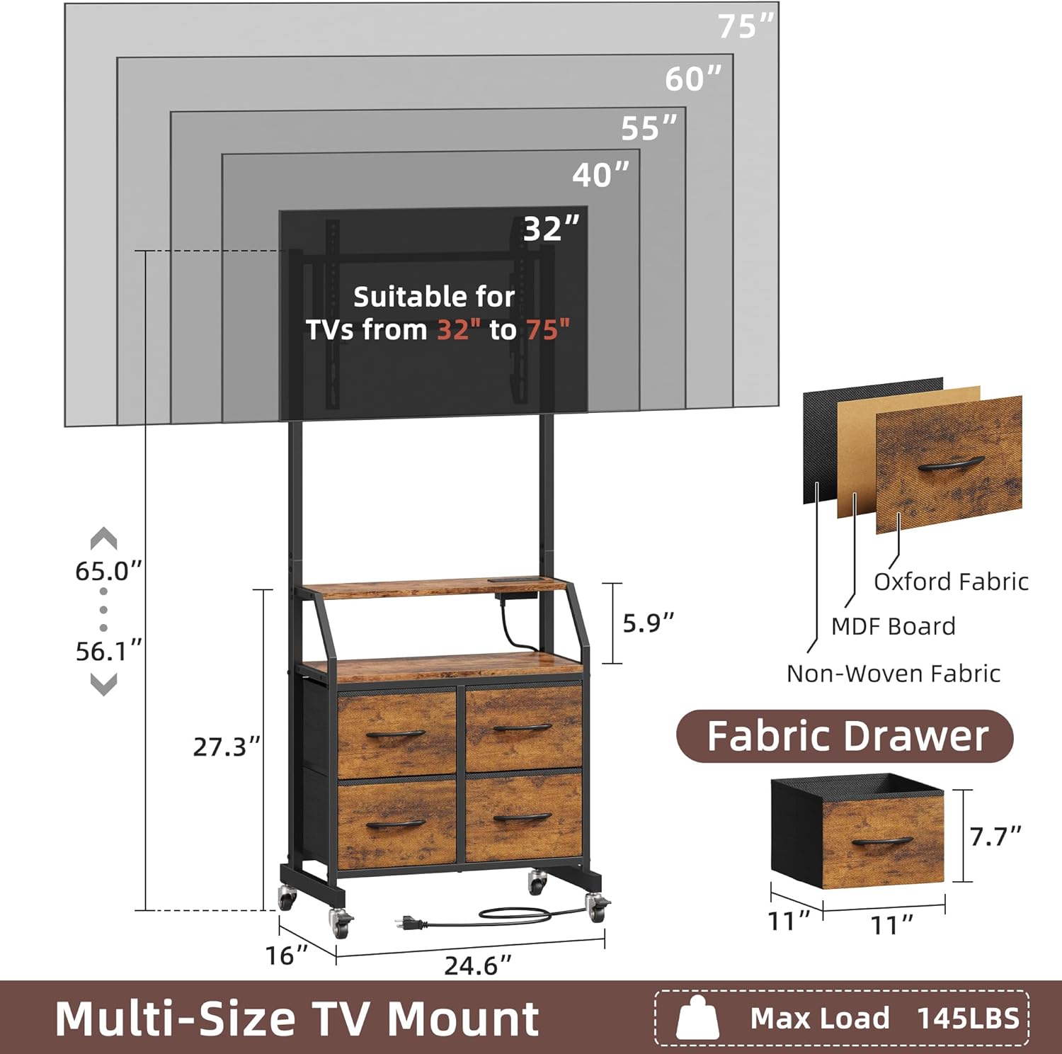 Rolling TV Stand with Mount & 4 Fabric Drawers - TV Stand with Wheels for 32-75