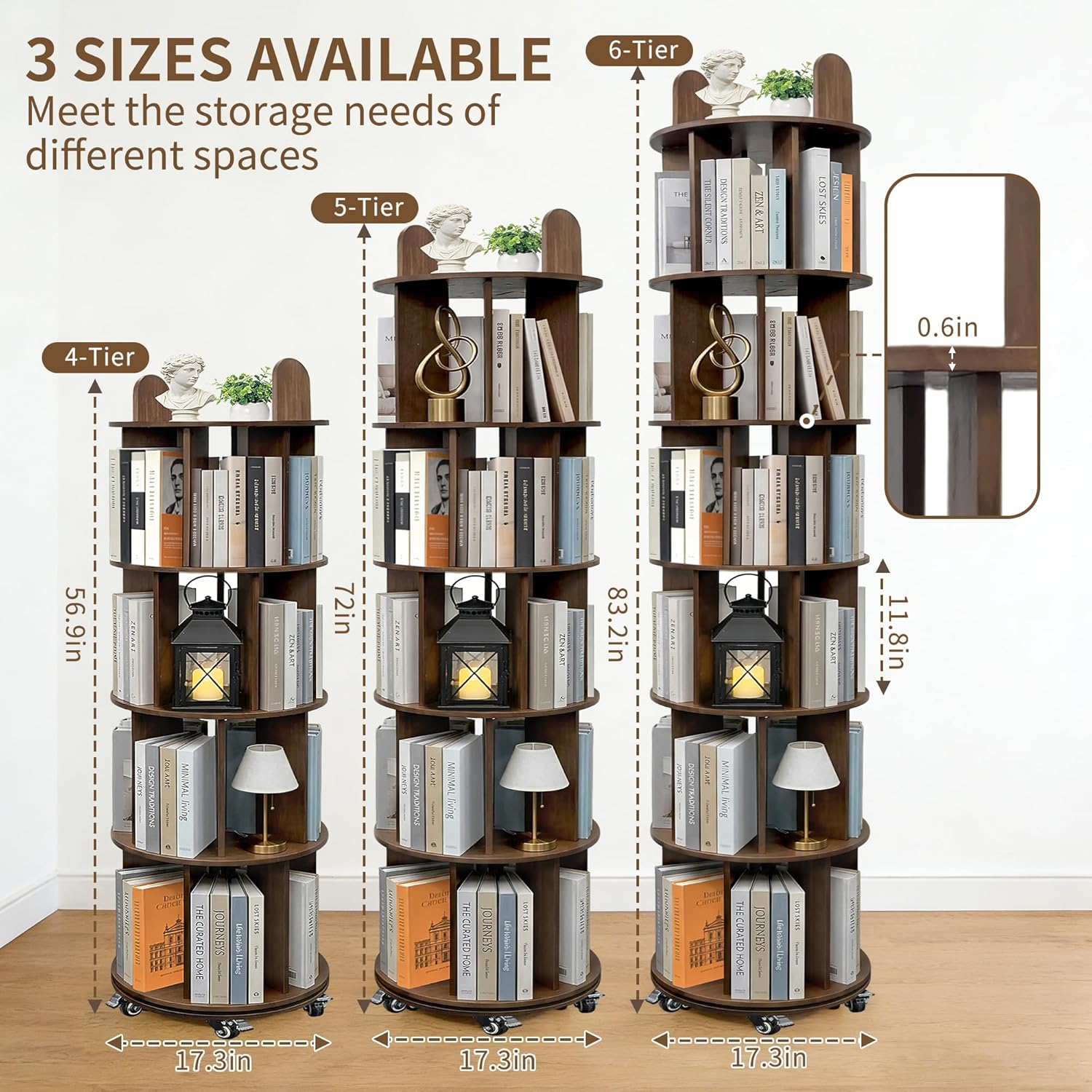 Kryonix Solid Wood Rotating Bookshelf on Wheels, 4 Tier Spinning Book Shelf Tower, 360° Revolving Bookcase, Corner Round Rolling Bookshelves for Small Spaces, Bedroom, Office, Kids Room (Walnut)