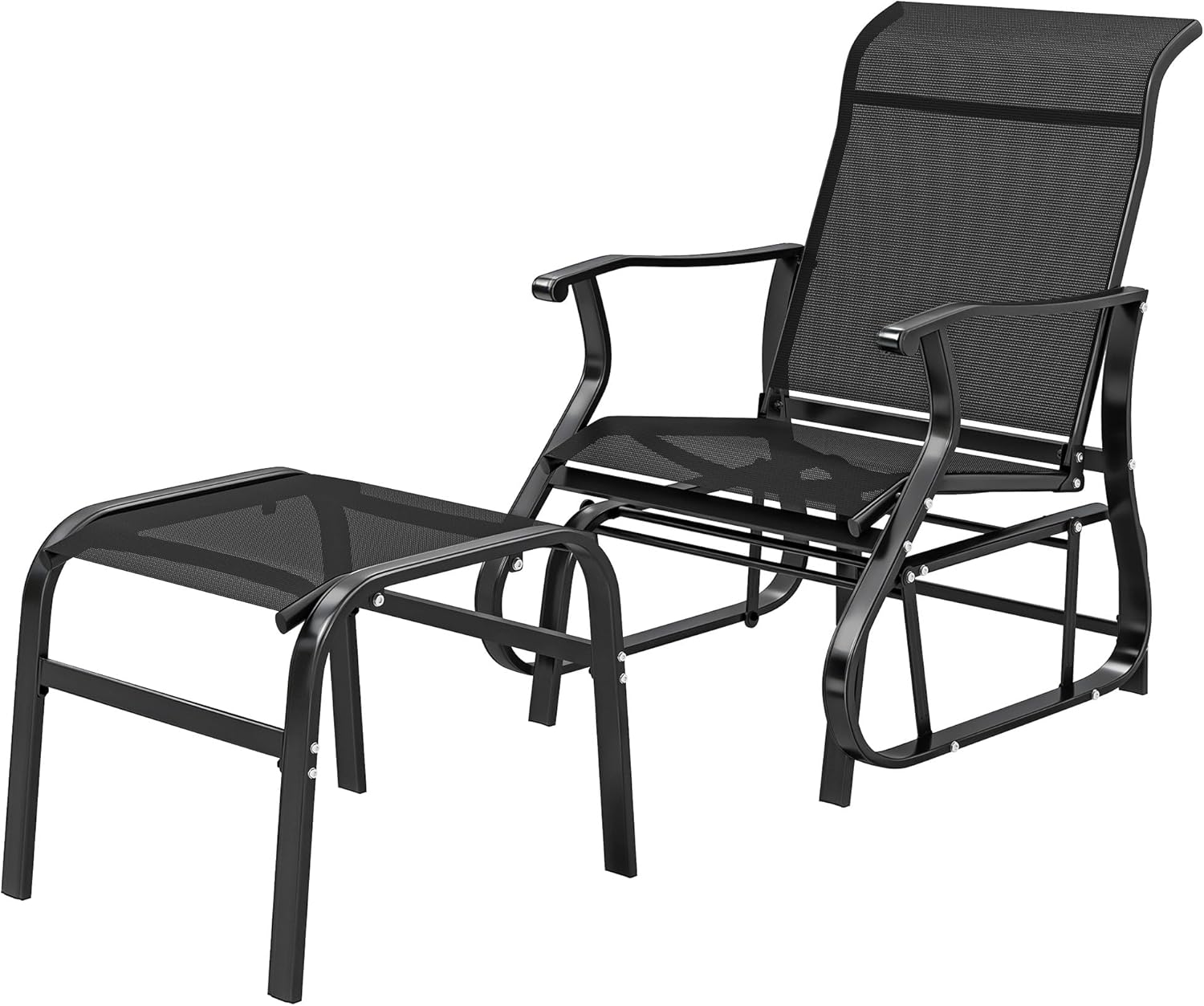 Brown Outdoor Glider Chair with Matching Ottoman Set, Steel Frame - Patio Swing Chair with Smooth Gliding Motion for Porch, Garden, Backyard Relaxation, Outdoor Black Rocking Chair