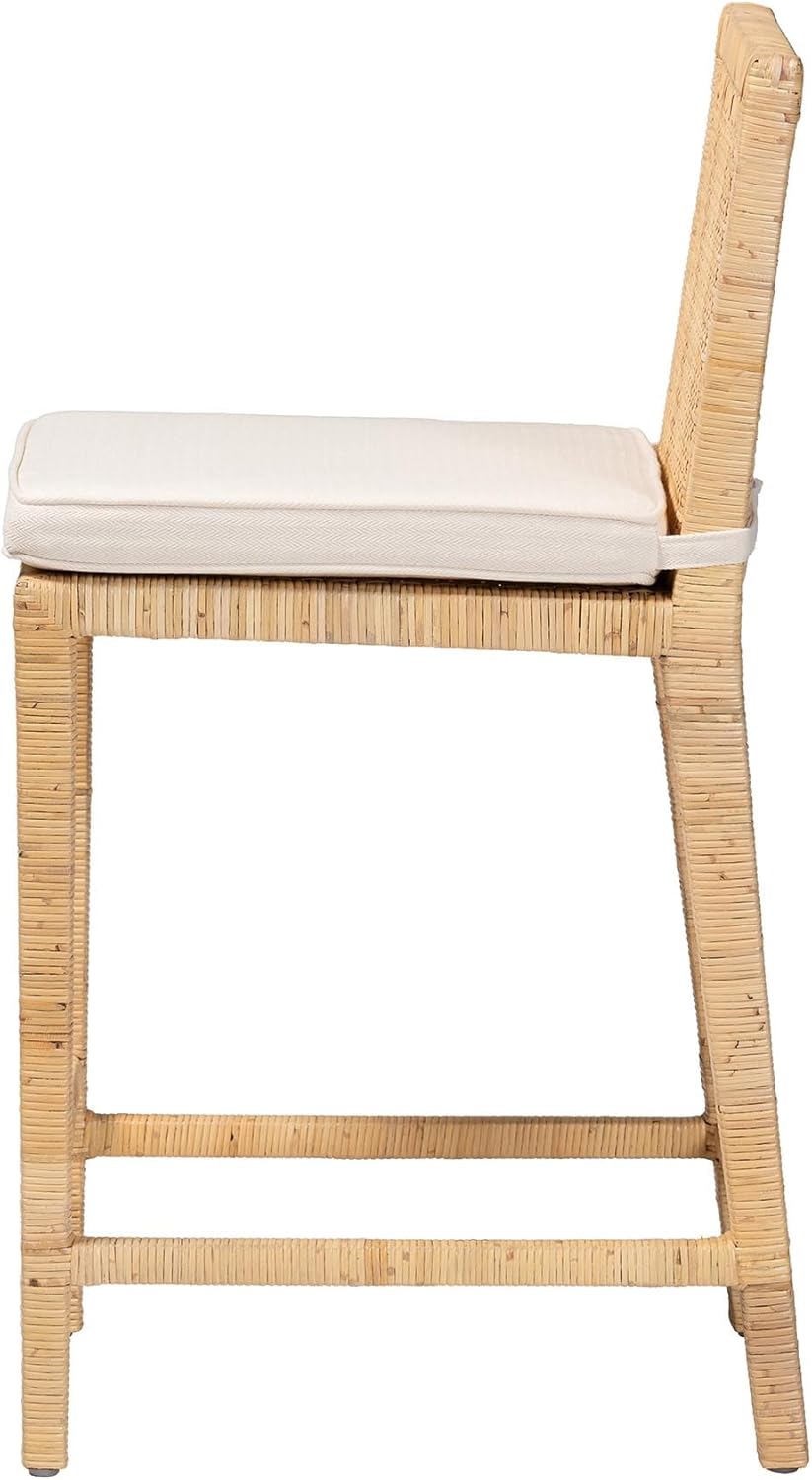 bali & pari Sofia Rattan Counter Stool with Mahogany Wood Frame - Handwoven Wicker Counter Chair with Removable Cushion, Light Honey