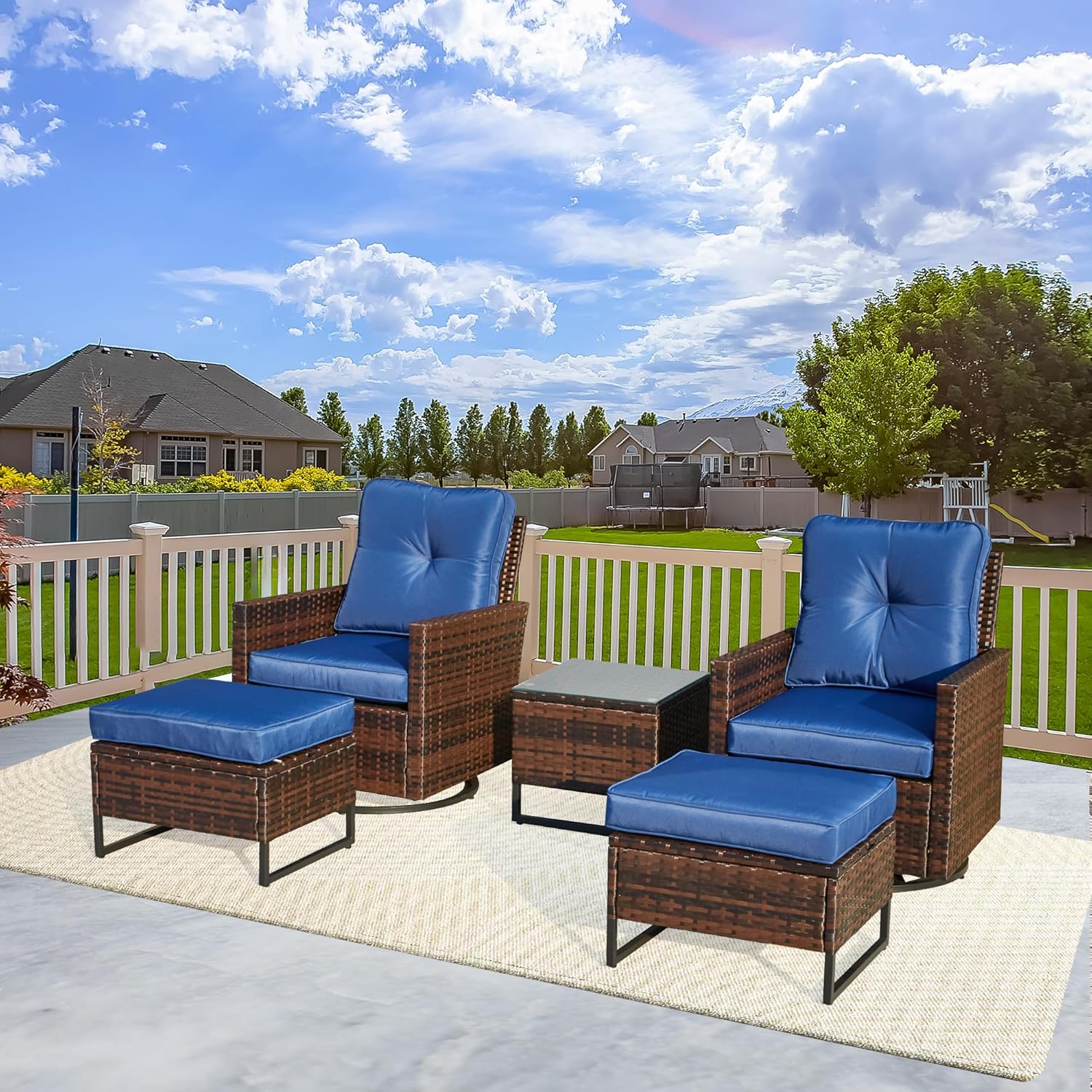 AVAWING 5 Piece Wicker Swivel Rocker, Patio Glider Chairs with Ottoman & Tempered Glass Side Table, Outdoor Conversation Set for Backyard, Garden and Poolside(Blue)