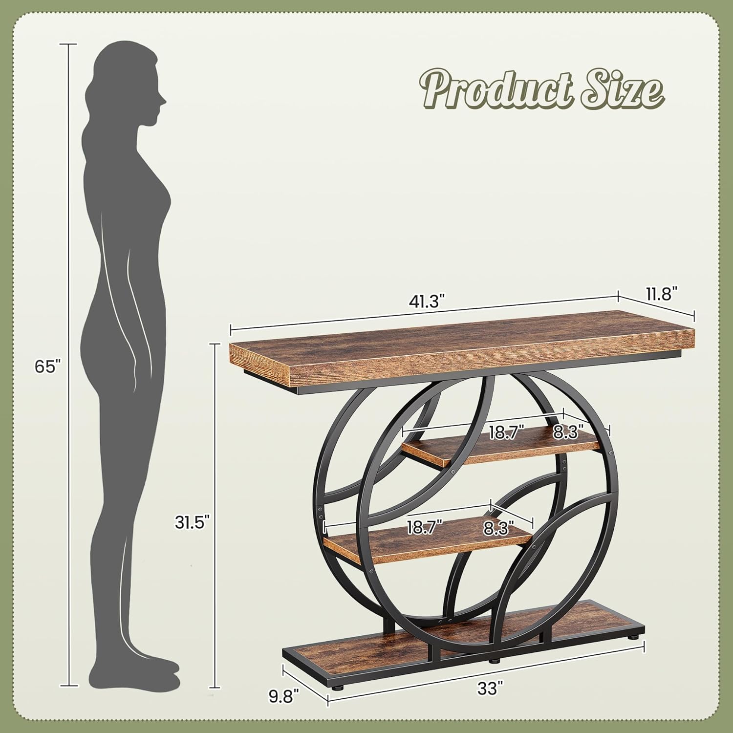 Huuger Modern Console Table, 41.3 Inch Sofa Table with Artistic Curved Metal Frame, Narrow Entryway Table for Hallway, Living Room, Behind Couch, Rustic Brown
