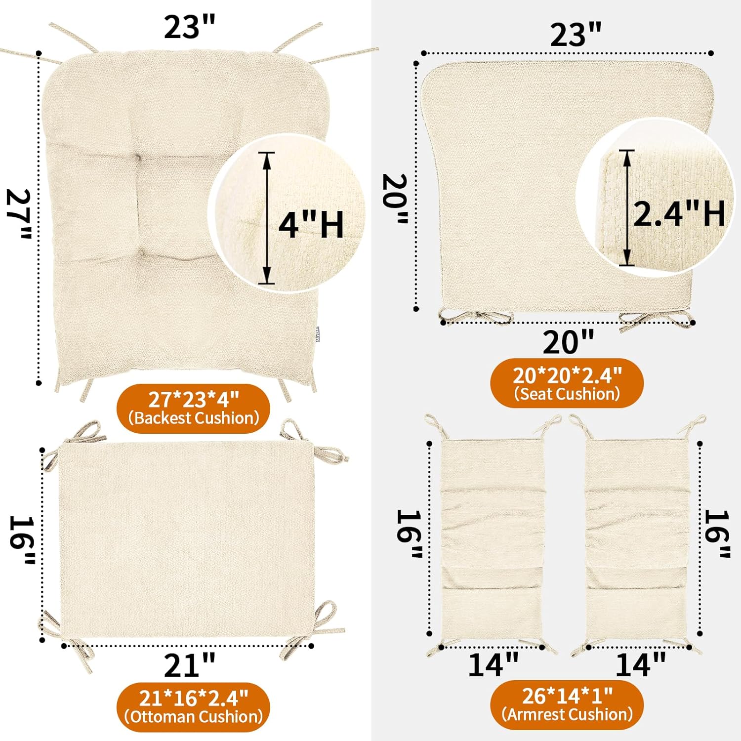 5 PCS Glider Rocker Replacement Cushions with Storage Side Pocket, Luxuriy Chenille Fabric Foam & Microfiber Filling, Thickened & Supportive Rocking Chair Cushion Set, Beige