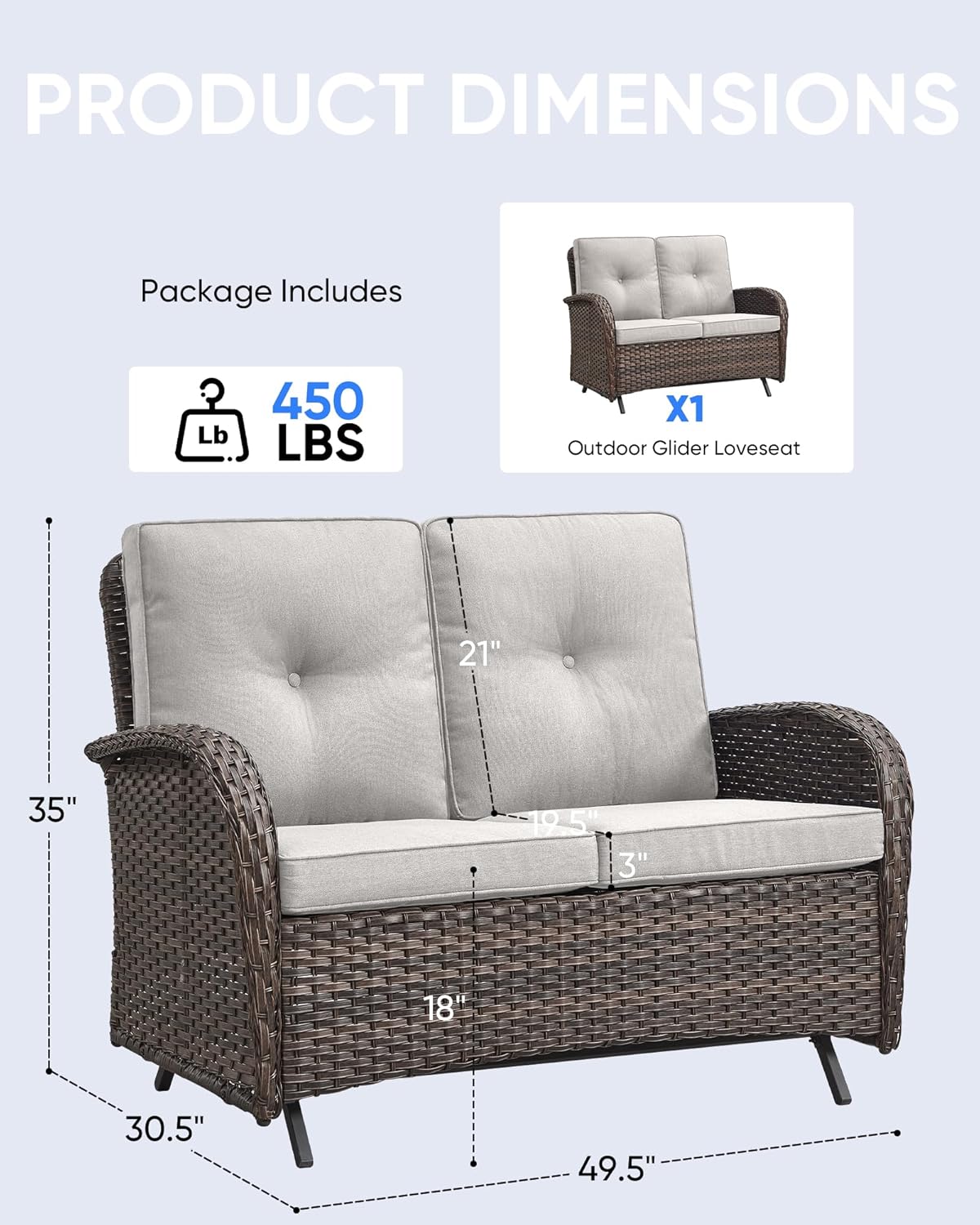 Outdoor Glider Bench-2 Seater Patio Glider Loveseat with High Back and Deep Seating Outdoor Couch for Deck Porch Garden Balcony Poolside
