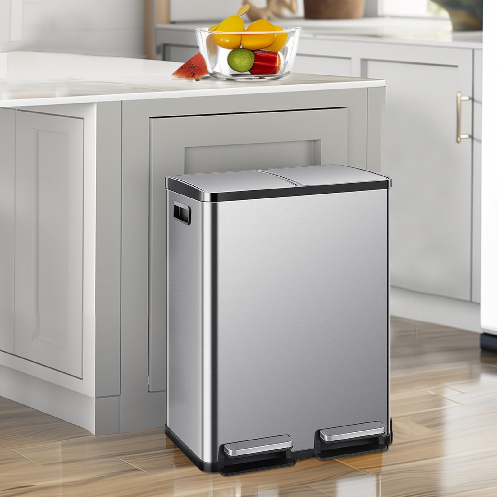 DUMOS Stainless Steel Kitchen Trash Can with Dual Buckets