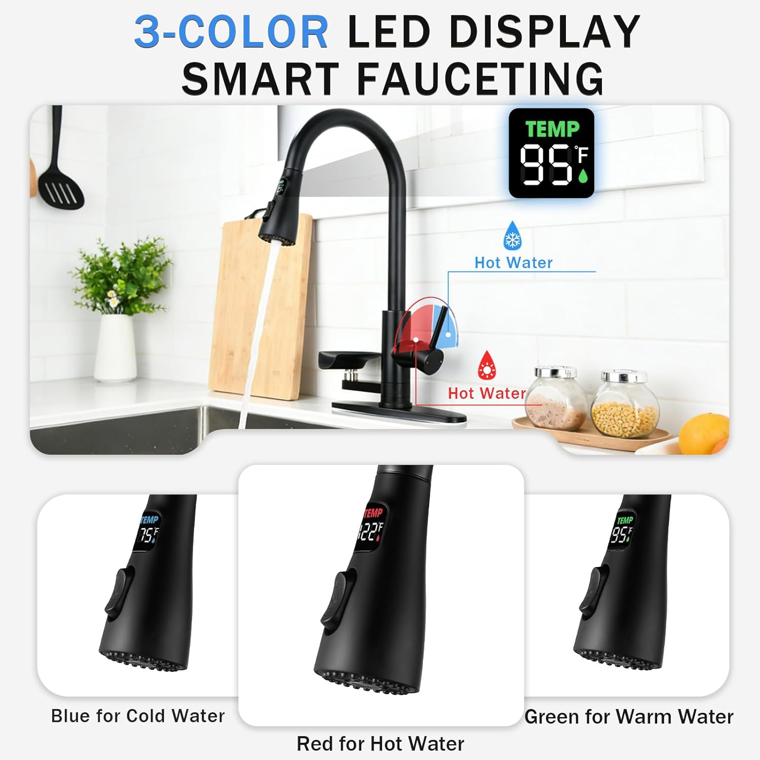 Kitchen Faucet with Glass Rinser, Pull Down Sink Faucet with 3 Spray Modes and High Pressure Glass Rinser, Temperature Display High Arc Stainless Steel Kitchen Faucets (Matte Black)