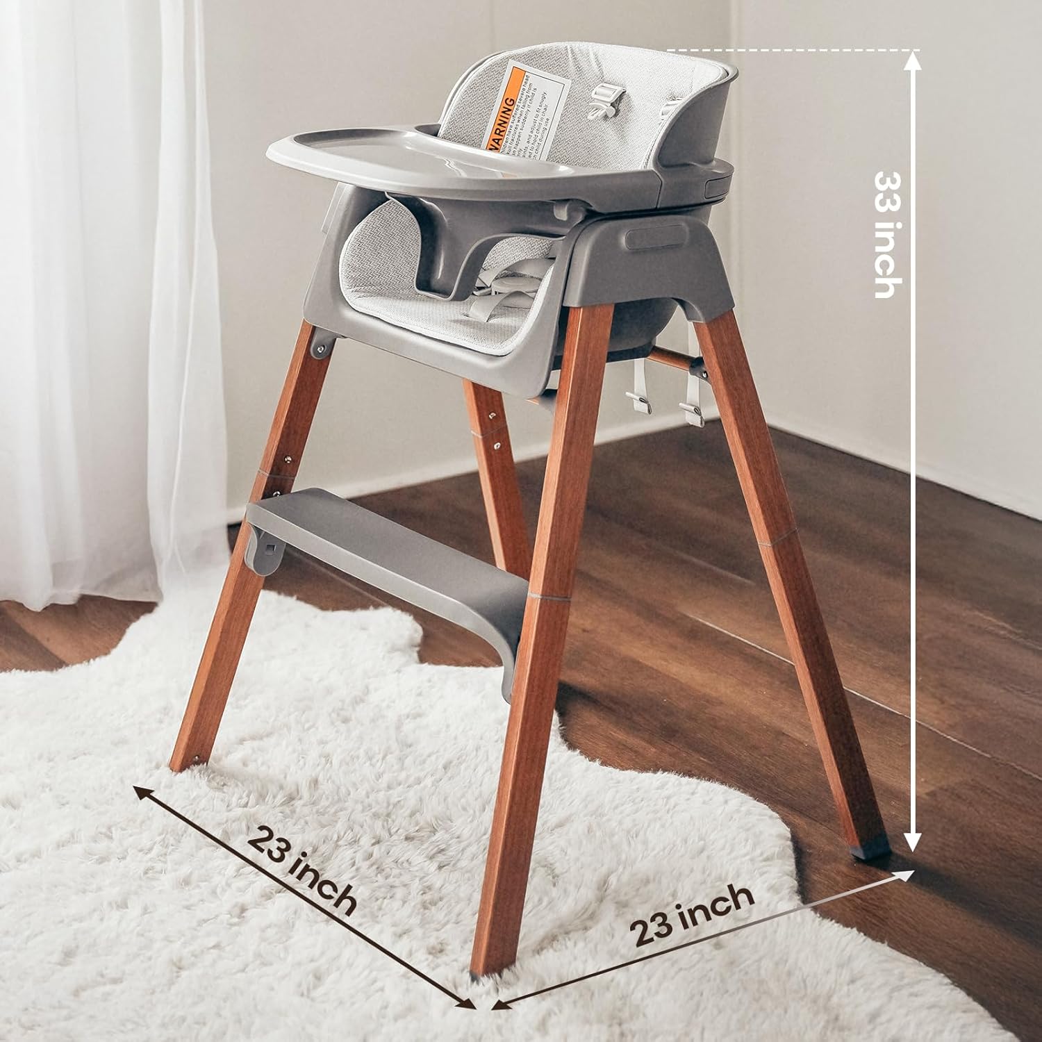 Fodoss Baby High Chair, 4-in-1 Foldable Design, Sturdy Wood Grain, Removable Dishwasher Safe Tray, 5-Point Harness, Easy Clean, Light Gray