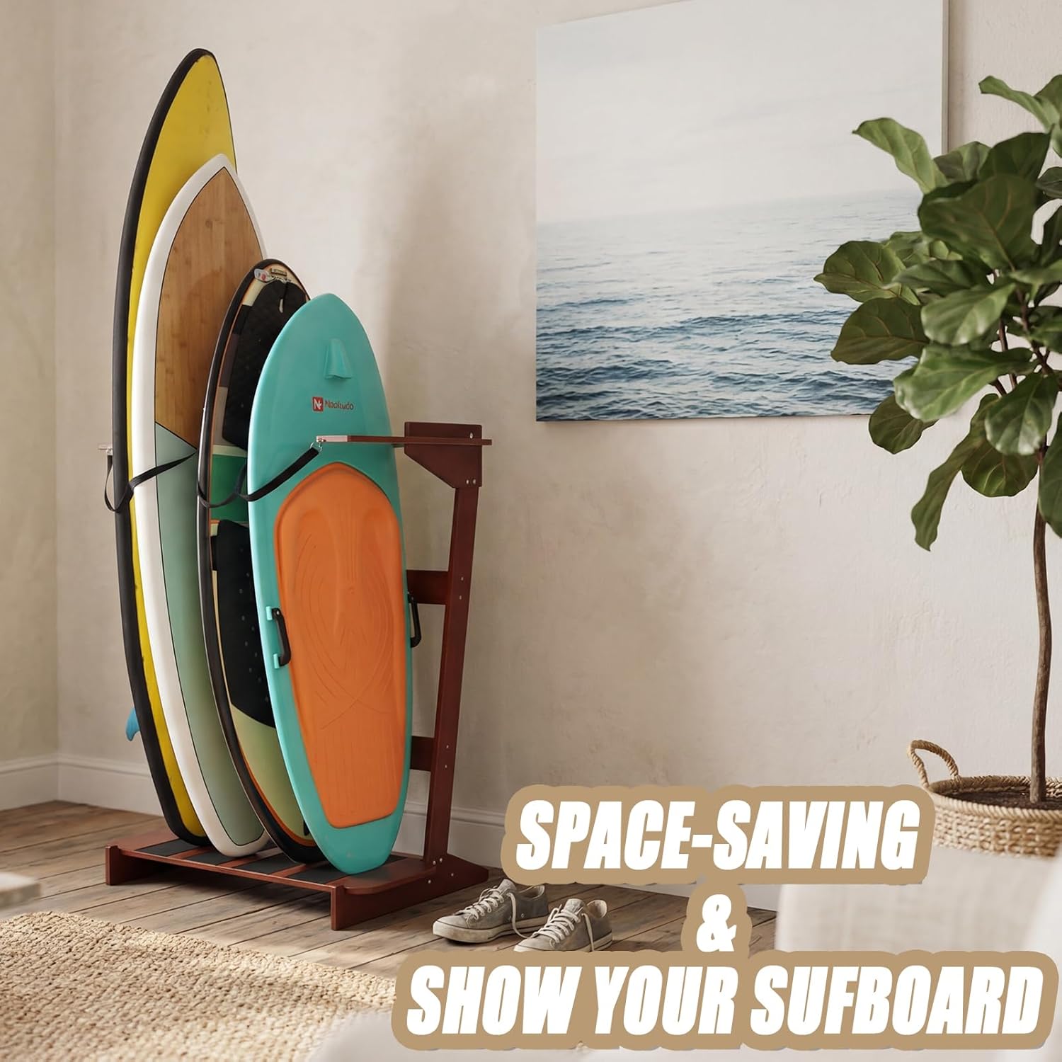 Freestanding Surfboard Rack, Vertical Surfboard Stand Racks, Surf Rack of Free Wall Mount Fits Shortboards, Longboards, Wakeboards, Holds 4 Board, Pine Wood,1 PCS,Dark Brown