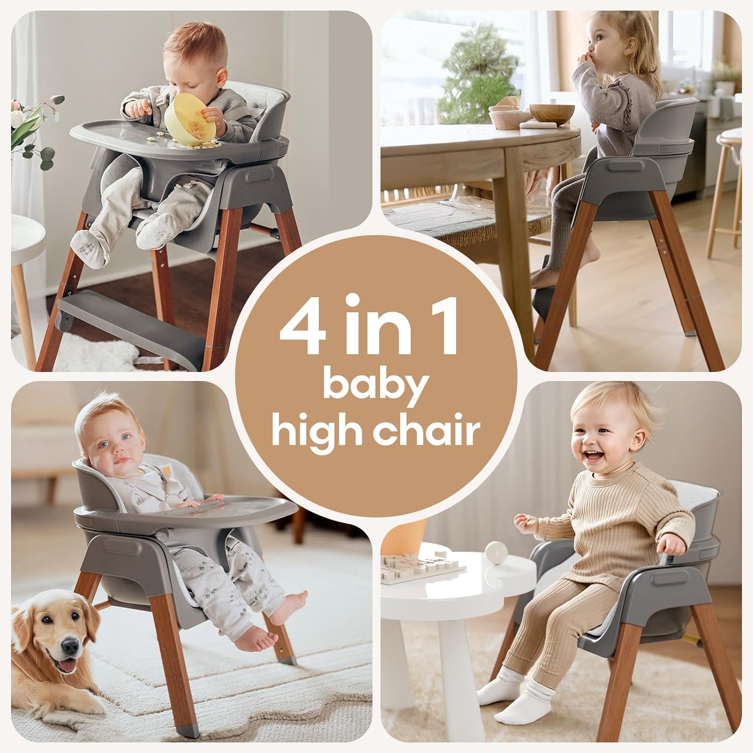 Fodoss Baby High Chair, 4-in-1 Foldable Design, Sturdy Wood Grain, Removable Dishwasher Safe Tray, 5-Point Harness, Easy Clean, Light Gray