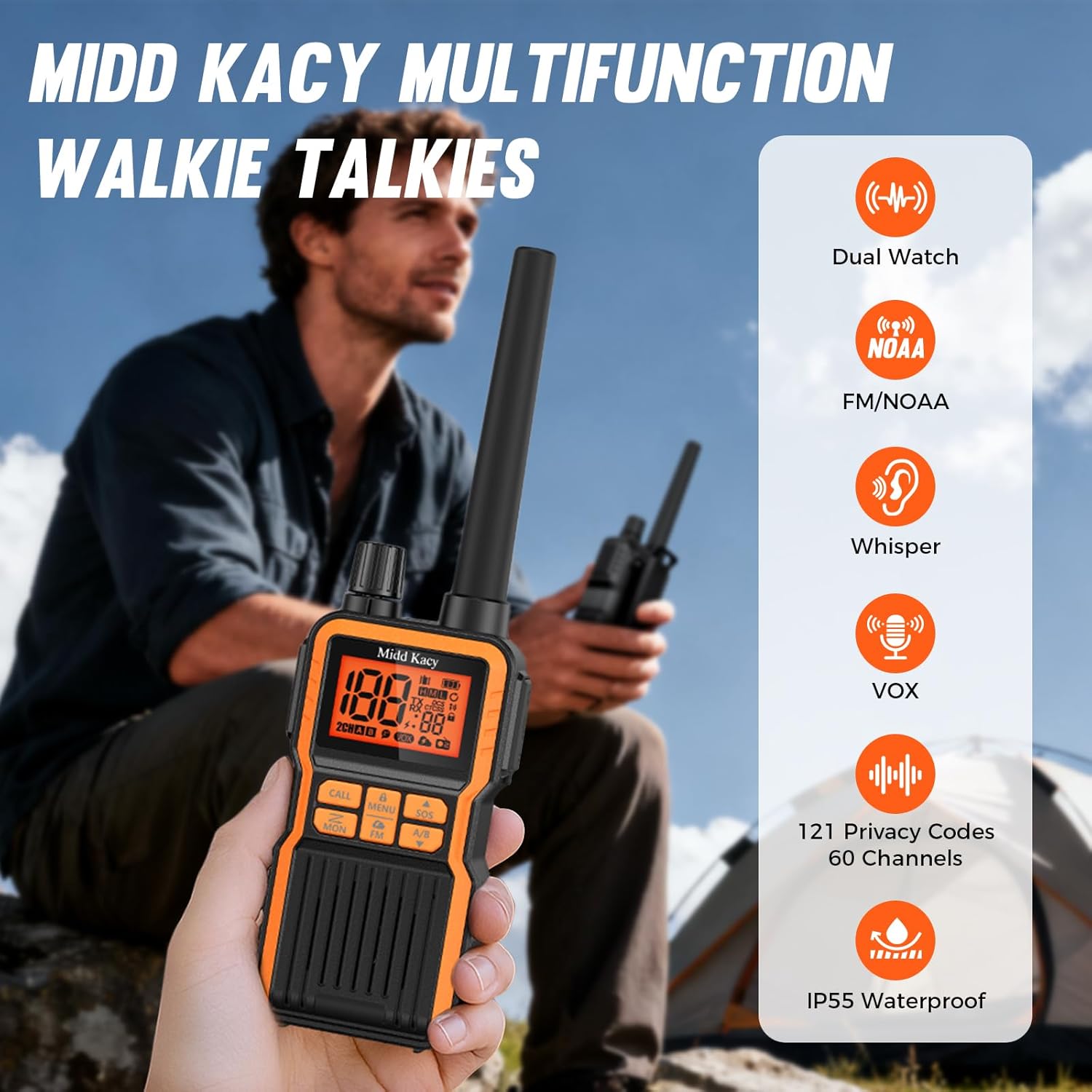 Midd Kacy Walkie Talkies, 60 Channel GMRS Handheld Waterproof Hunting Two Way Radio with 121 Privacy Codes, SOS, NOAA Weather Alerts, VOX, Channel Scanning, 4 Pack (Black/Orange)