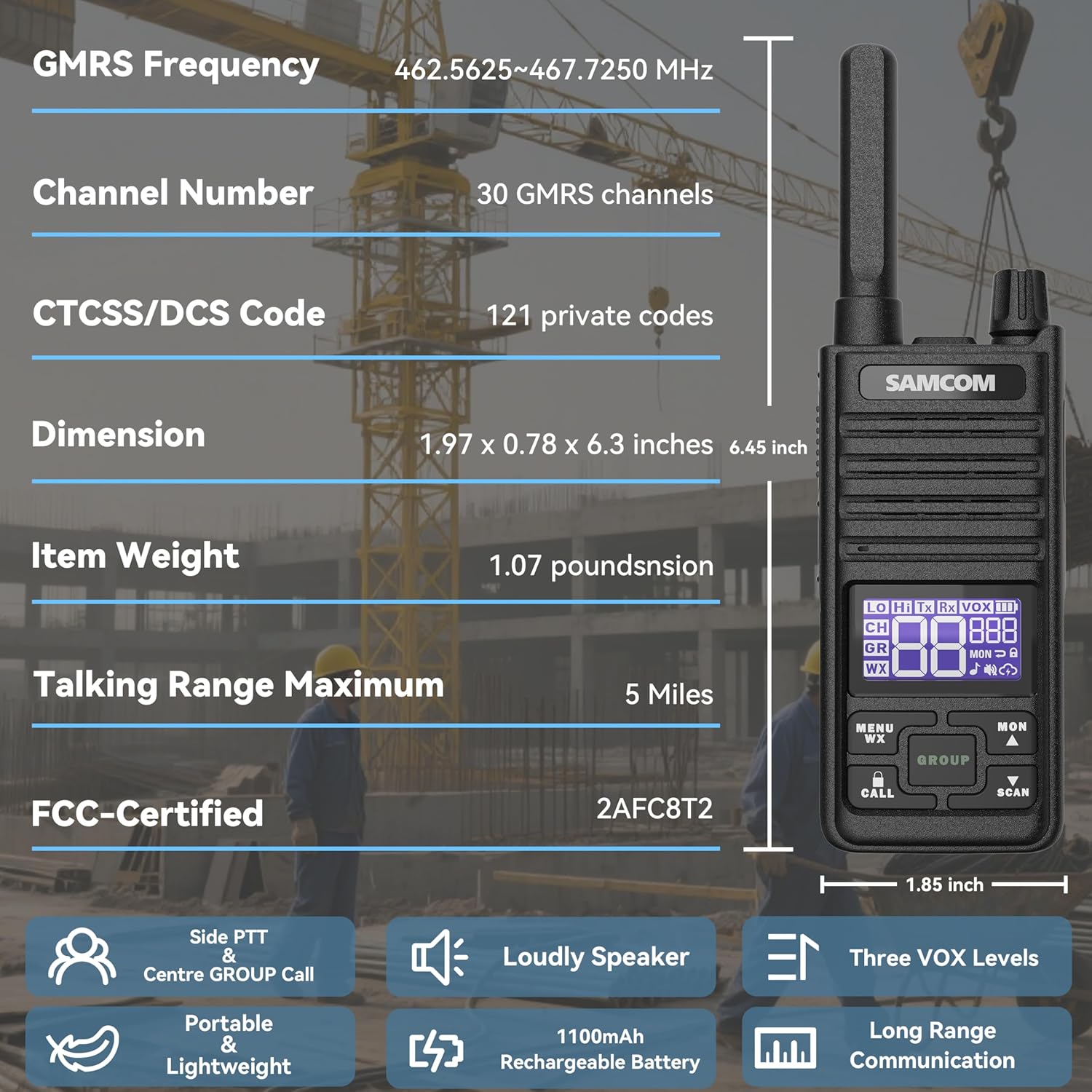 SAMCOM T2 GMRS Radio 2W Long Range Walkie Talkie NOAA Weather Rechargeable Heavy Duty Two Way Radio,Group Call Radios Walkie-talkies with Earpiece, USB-C Charger, Flashlight,4 Packs