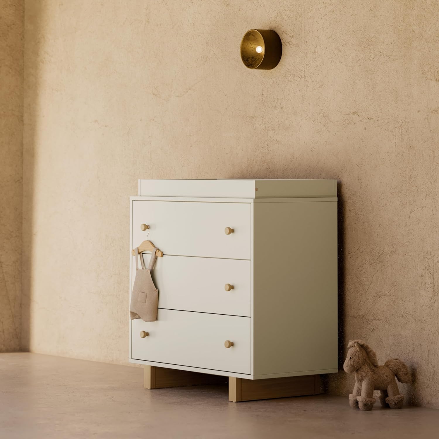 Storkcraft Texas 3 Drawer Chest with Removable Changing Table Topper (Frosted Oat/Driftwood) – GREENGUARD Gold Certified Baby Dresser, Interlocking Drawer System for Nursery & Kids' Bedroom Dresser
