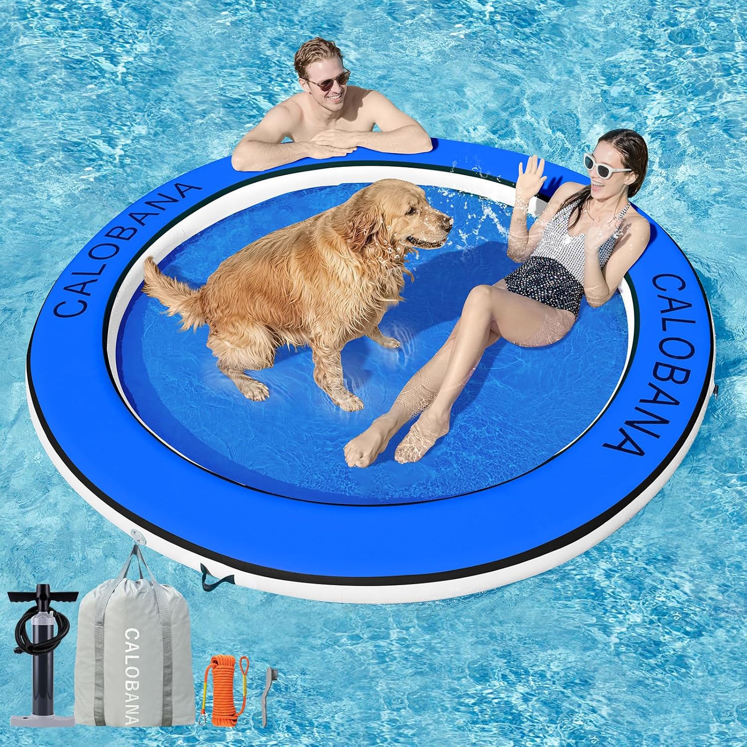 CALOBANA Water Hammock Inflatable Round Floating Ring, Lake Floats Raft Island Inflatable Dock Platform for Adults Pool River Beach Party