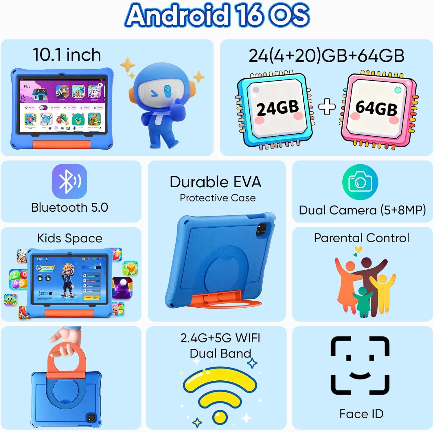 10 inch Kids Tablet, Android 16 Tablet for Kid, Octa-Core Processor, 24GB RAM, 64GB ROM 1TF Card Expandable for Toddler Children,Tablets with Case, Parental Control, 6000mAh, WiFi, BT5.0, Dual Camera