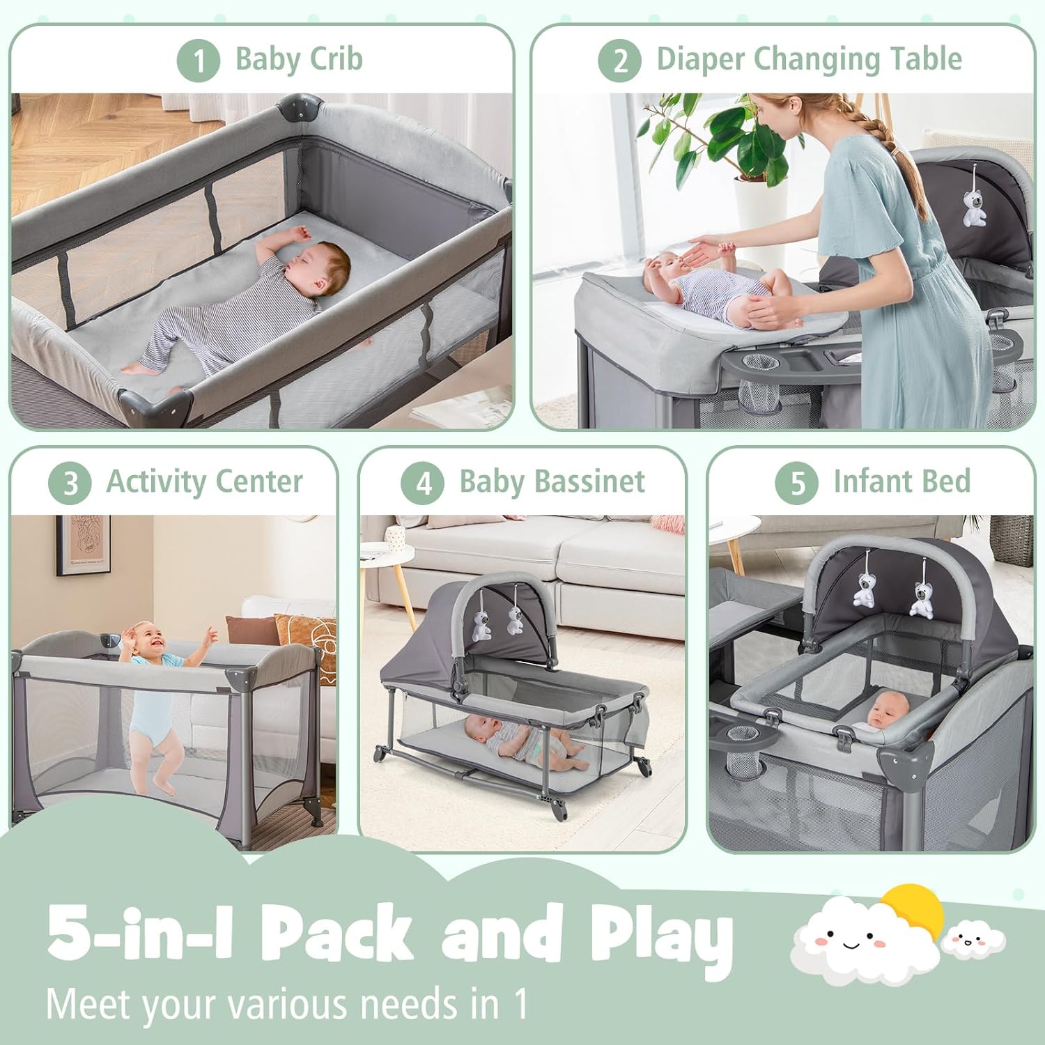 HONEY JOY Pack and Play with Bassinet, 5 in 1 Portable Baby Playard w/Changing Table, Removable Infant Full-Size Bassinet & Mattress, Diaper Storage Bag, Foldable Newborn Playpen w/Carry Bag