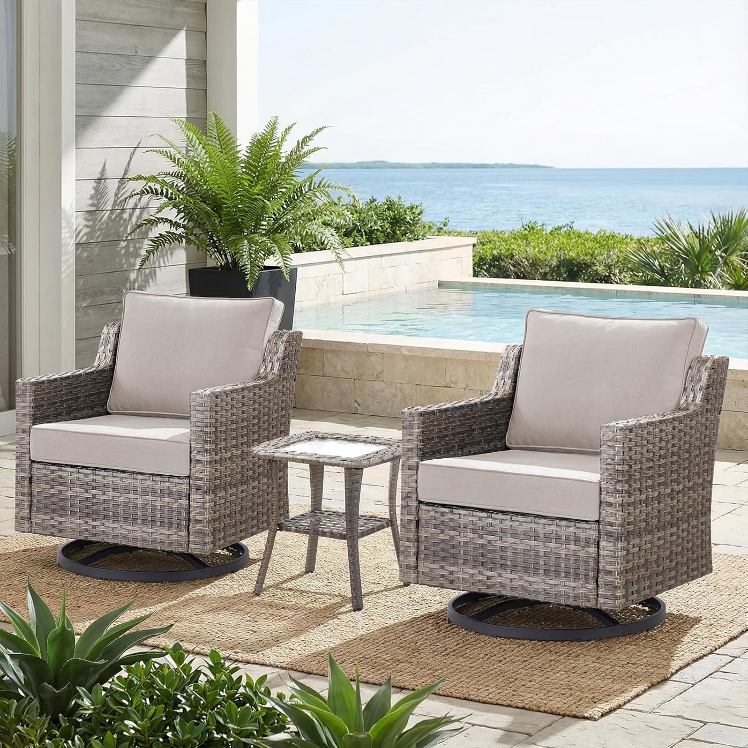 Belord Patio Wicker Swivel Rocker Patio Chairs with Side Table, Outdoor Rattan Chairs for Deck Porch Garden, 3 Piece Luxury Patio Furniture Set, Beige
