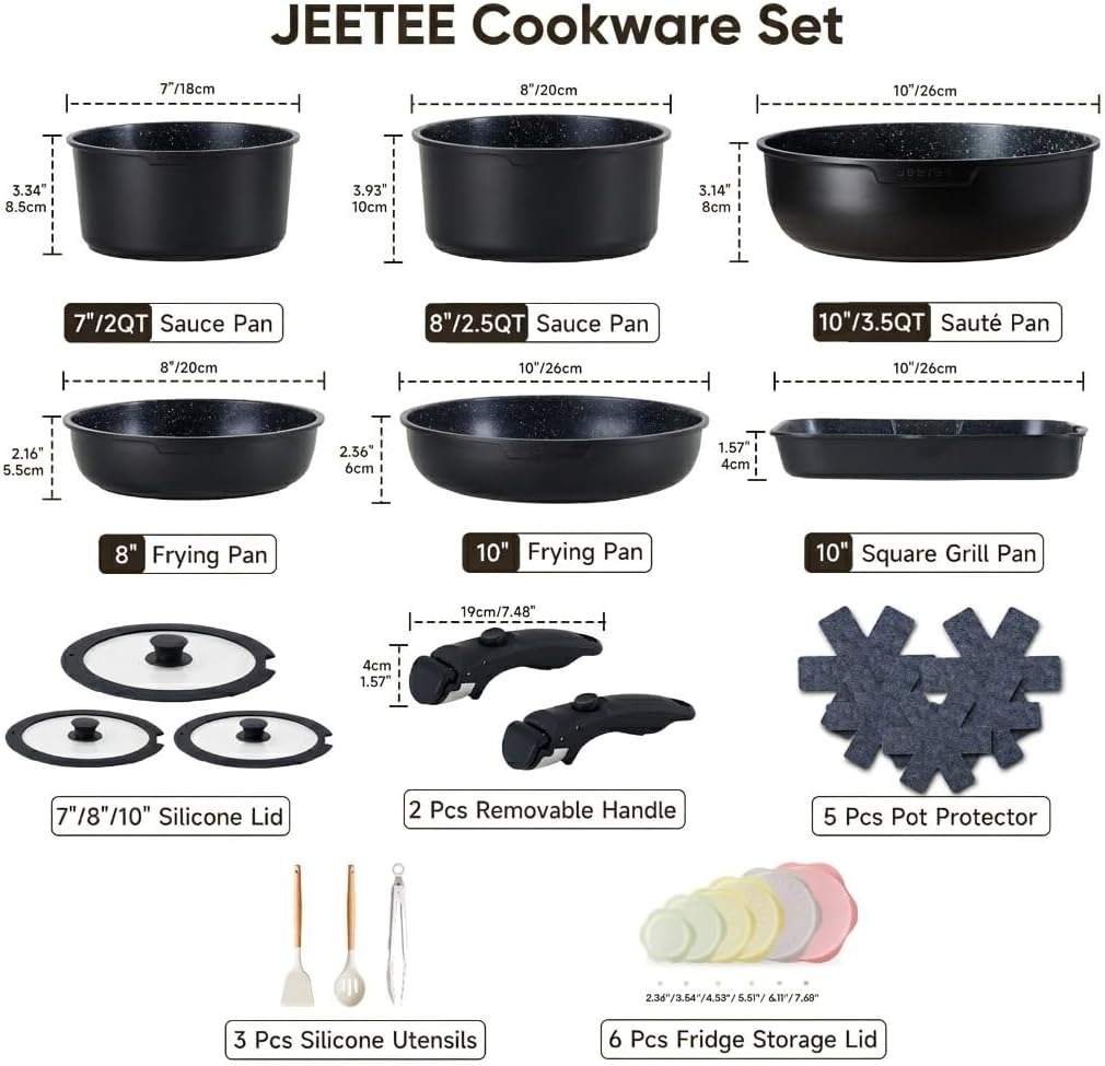 JEETEE Cookware Set (6 Essential Pots & 19 Accessories), Nonstick Pots and Pans with Detachable Handle for Induction Cooking, RV Kitchen Space Saving, PFAS Free, Black