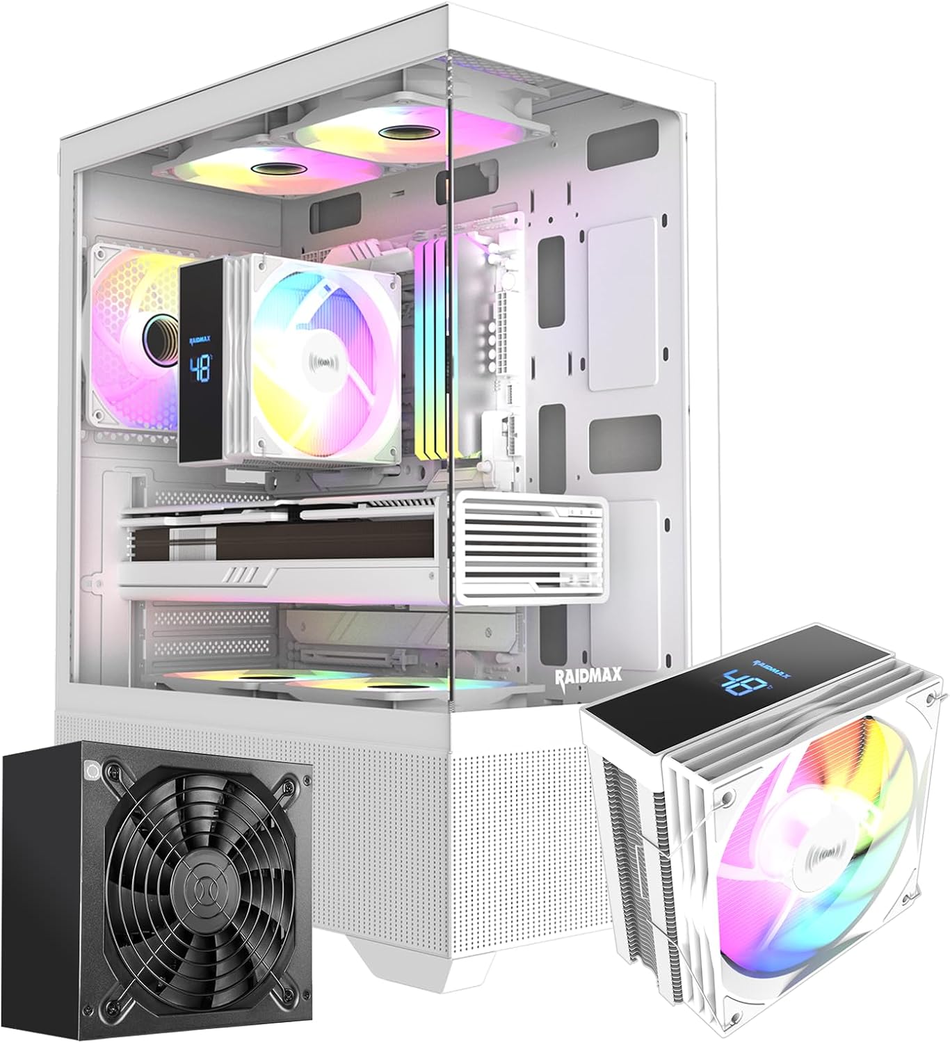Raidmax i802 Vibe Series ATX Mid Tower Gaming Case Bundle – Tempered Glass Side Panel, Includes 700W 80+ Power Supply, AM1204 Digital Display Air Cooler, and 5 Pre-Installed FRGB Fans (White)