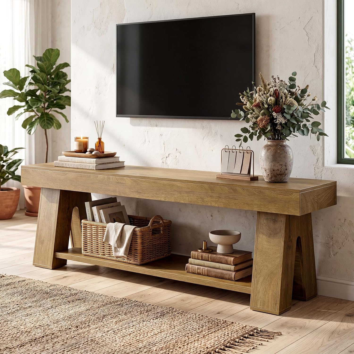Tribesigns Wooden TV Stand for TVs up to 65'', Natural Brown Modern Entertainment Center with Lower Open Shelf, 63