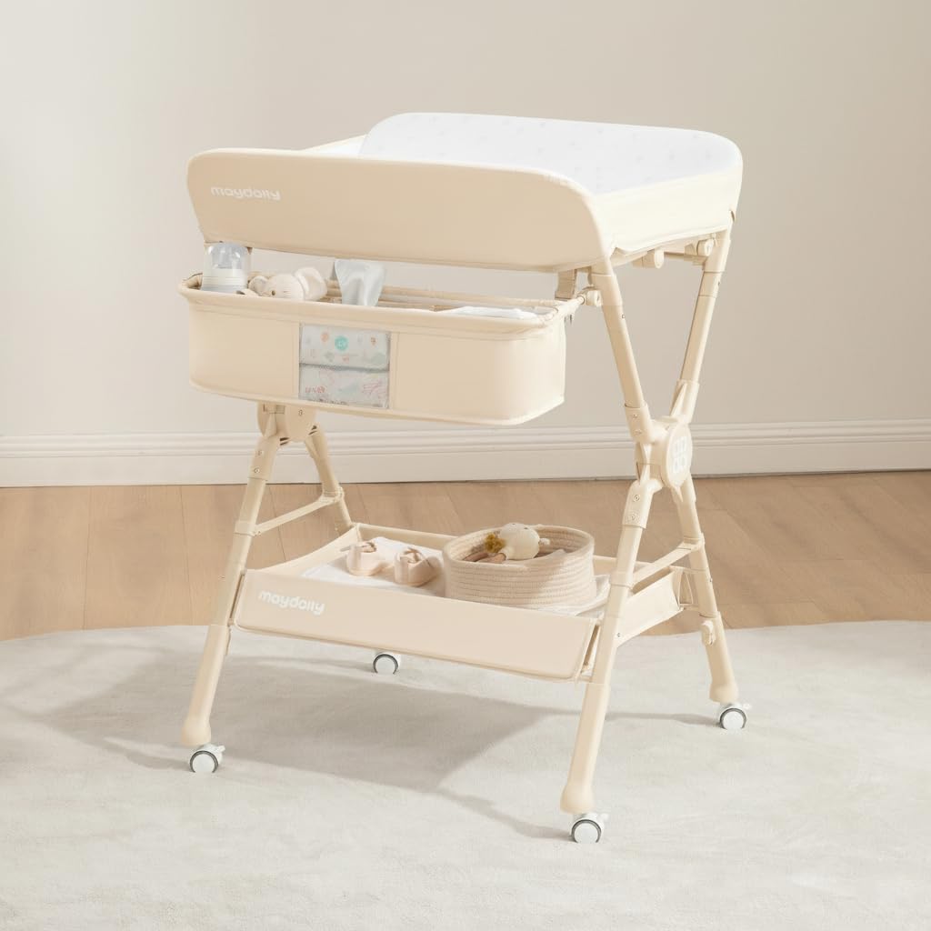 Maydolly Changing Table .Portable Diaper Changing Station, Foldable Baby Changing Table,Compact Nursery Diaper Changing Table for Baby .Adjustable Height .Mobile on Wheels (Beige)