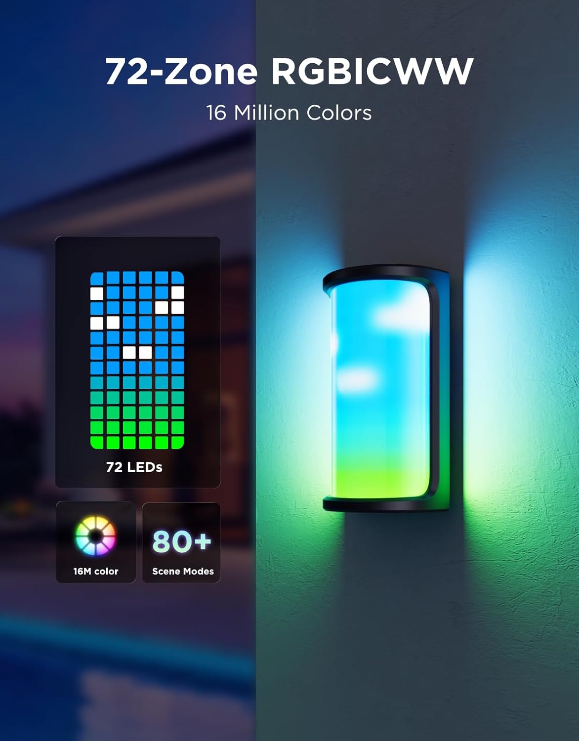 Govee Outdoor Wall Lights Pro, 2 Pack, 2000LM, RGBICWW 72-Zone Customization, Music-Sync, IP67 Waterproof for Outdoor Decor, Porch, Garage, Yard, Patio, Compatible with Alexa, Google Home and Matter