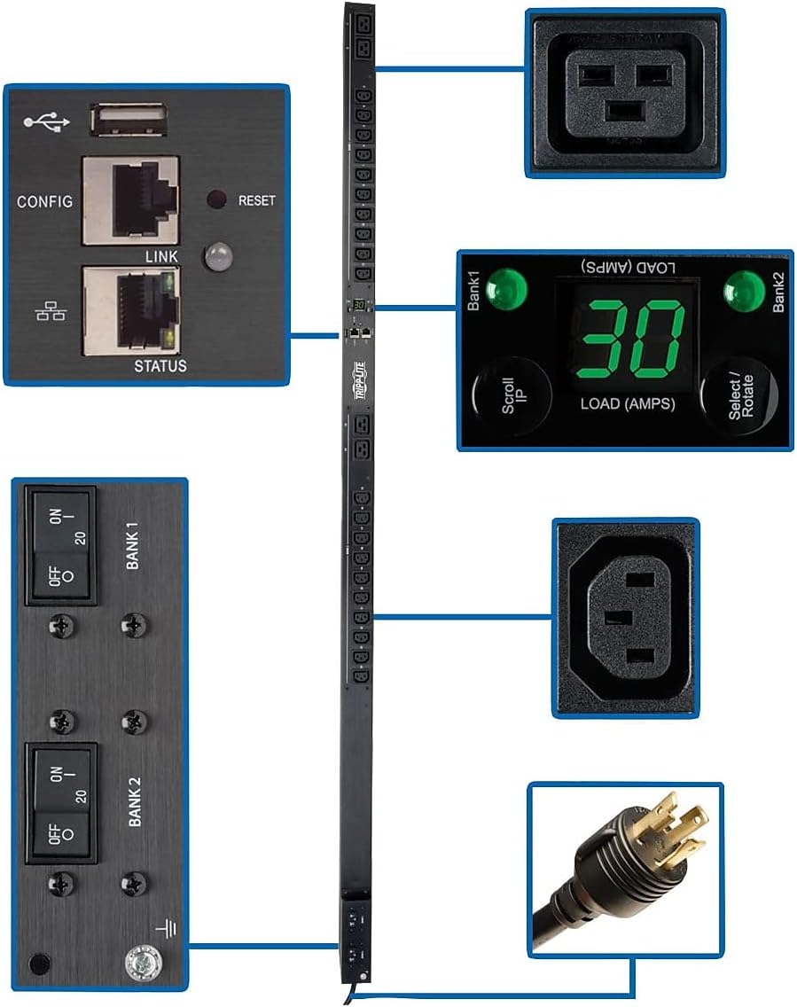 Tripp Lite PDU Monitored 5/5.8kW 208/240V 20 C13 & 4 C19 30A LX Platform L6-30P Vertical 0URM Rack-Mount TAA (PDUMNV30HVLX)
