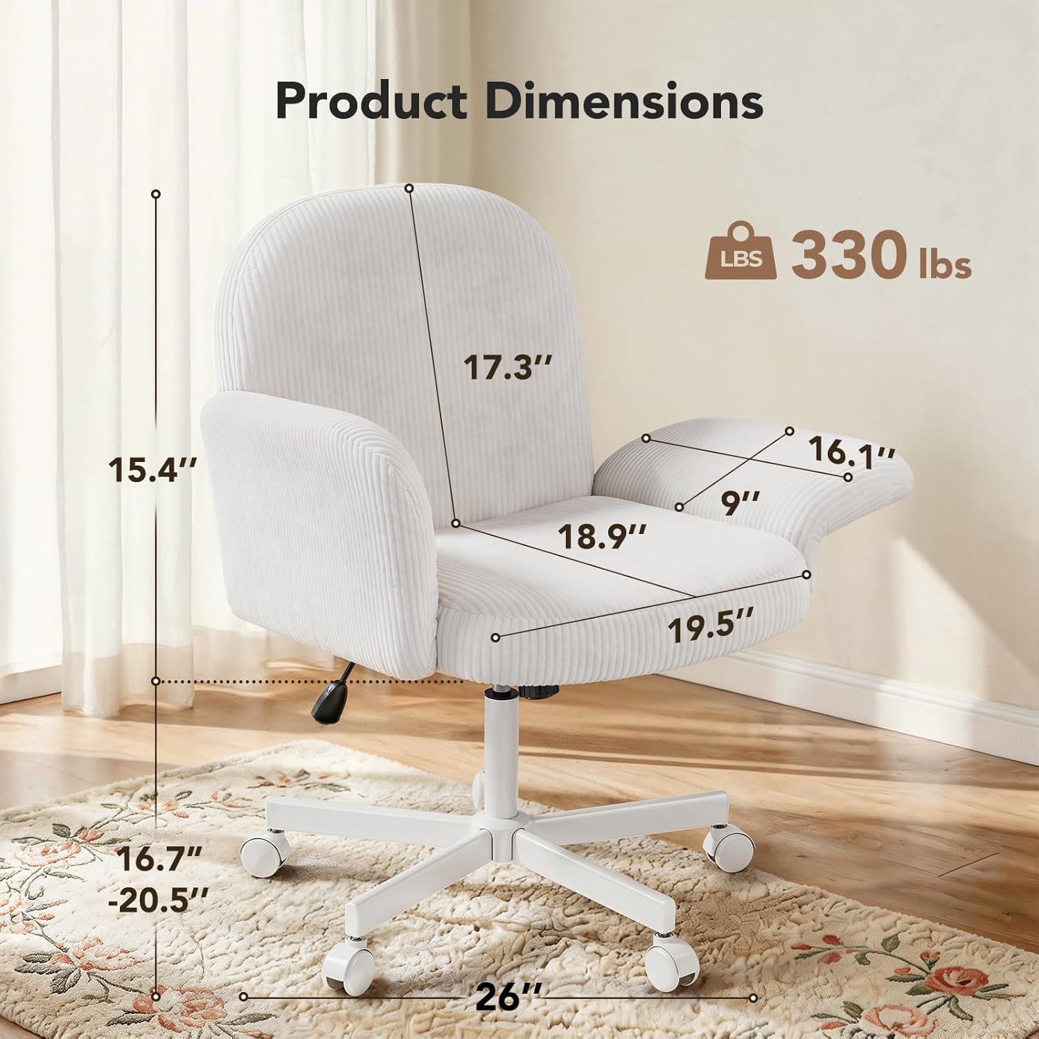 HUANUO Vanity Chair with 6-Position Adjustable Armrests, Criss Cross Chair with Wide Cushion, Soft Corduroy Fabric, 90°-105° Recline, Pet-Friendly, Perfect for Makeup Bedroom, Home Office, White